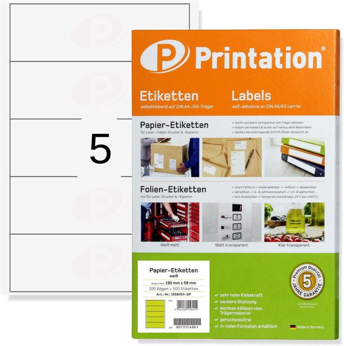 Ordnerrug labels 190 x 58 mm self-adhesive white 500 files on 100 DIN A4 sheets 1x5 labels 190x58 - ShopVlot