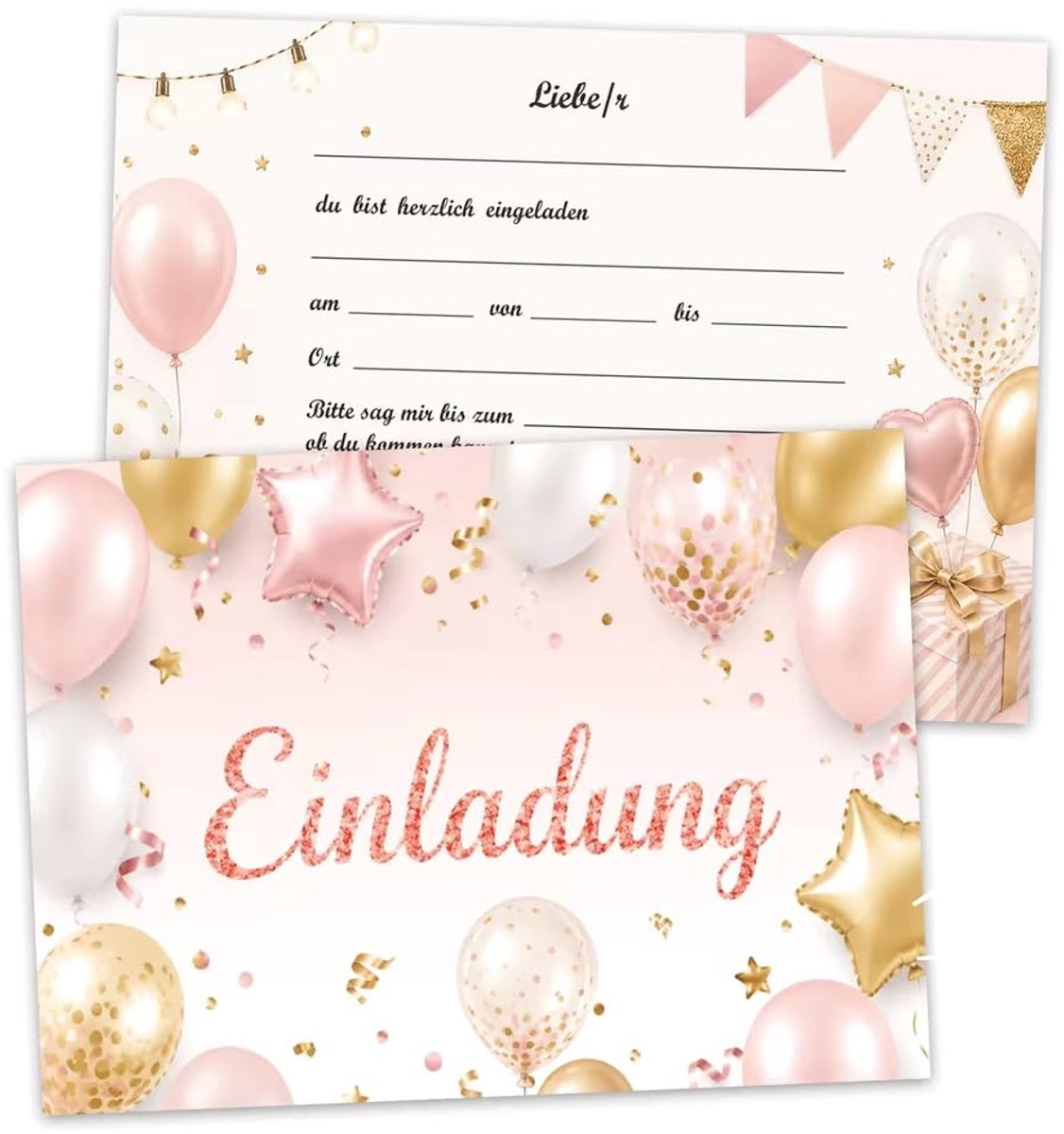 Uitnodigingskaarten verjaardag 12 stuks - Roze ballonnen design - Premium materiaal - ShopVlot