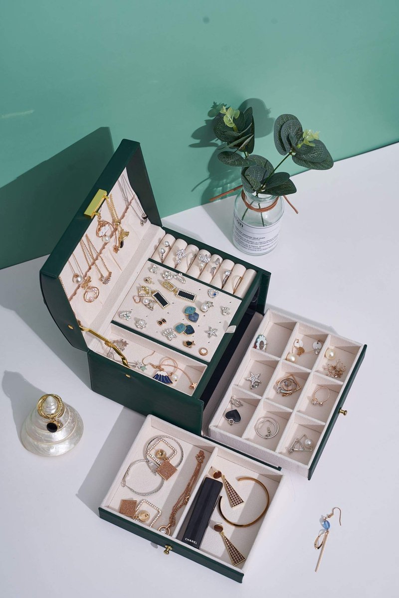 SnelShoppen - Sieradendoosje Dames, Afsluitbaar, 2 Laden en 3 Lagen, Opslag voor Horloges, Halskettingen, Ringen, Armbanden, Marineblauw, Grote Maat,