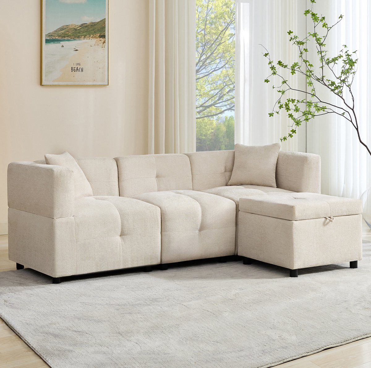 COVREO Hoekbank 204x126x69 cm – beige chenille, met opbergruimte, 3-zits met voetbank
