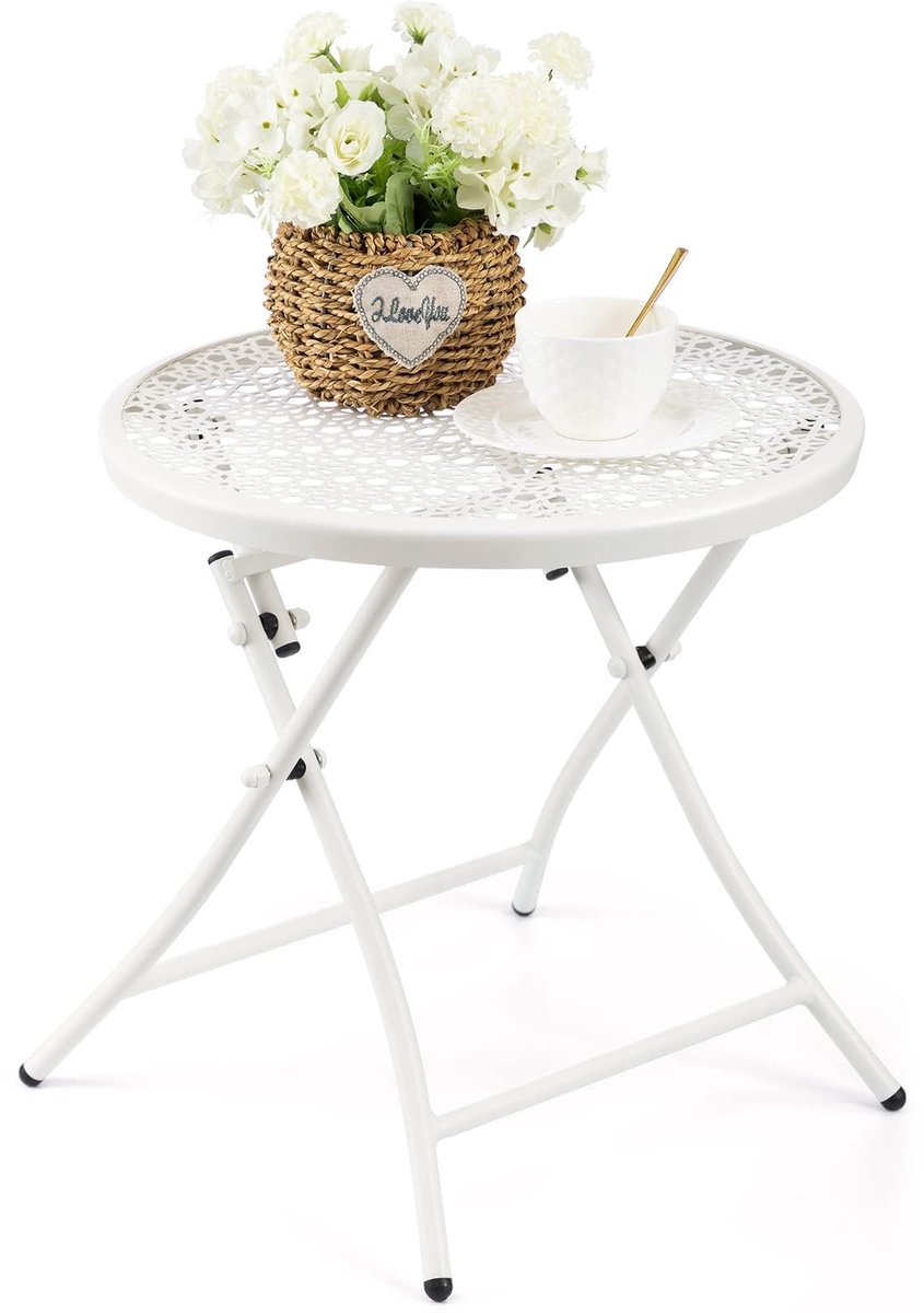SnelShoppen - Opvouwbare Bijzettafel voor Buiten, Kleine Ronde Tuintafel van Roestvrij Metaal met Bloemuitsparingen, Wit voor Veranda, Tuin, Balkon en