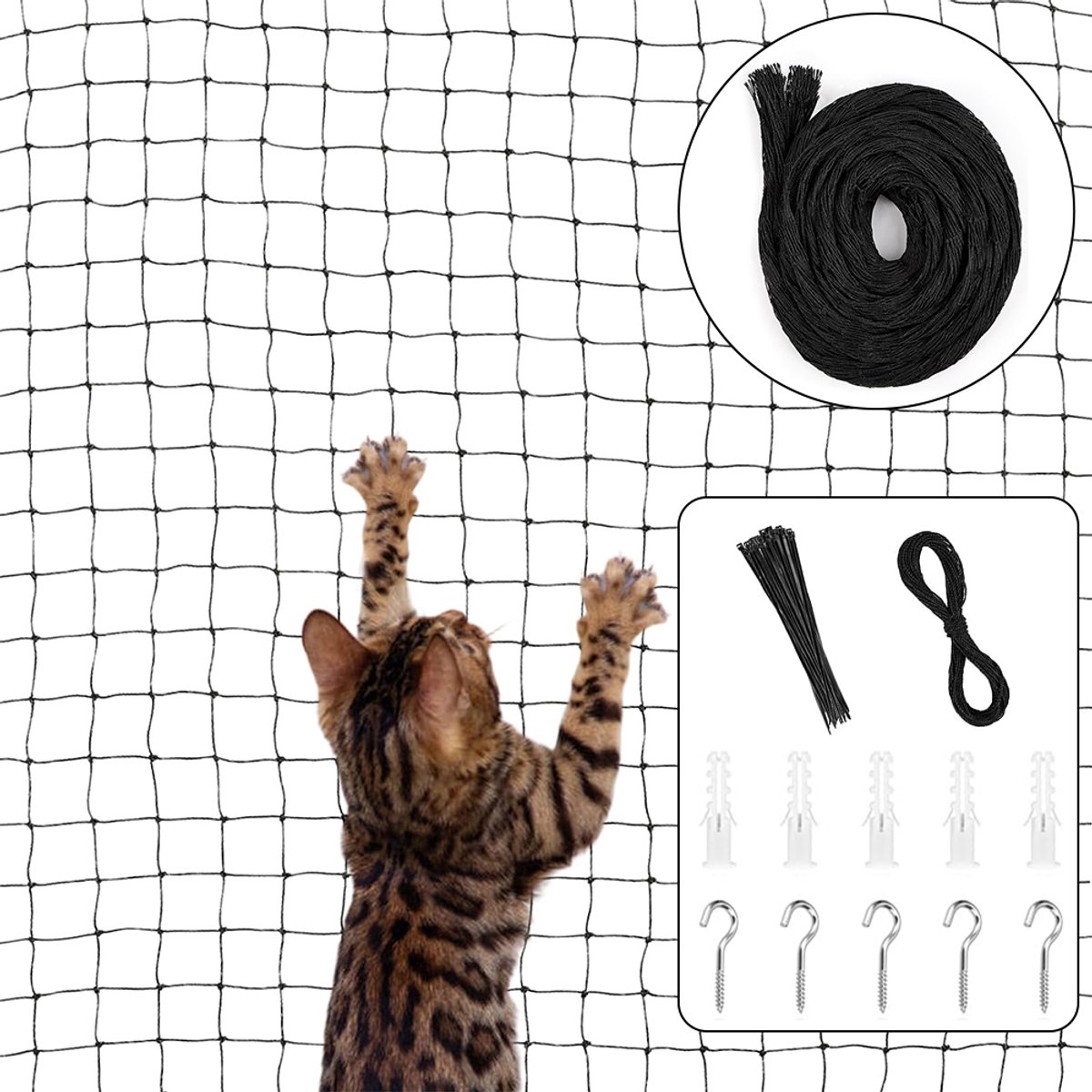 Kattenveiligheidsnet - 3x8 meter - Kattenveiligheidsnet voor balkon - Kattenbeschermingsnet - Beschermnet voor huisdieren - Geen boren nodig - Valnet - Beschermnet van gaas - Eén beschermnet en één bevestigingstouw - Inclusief accessoires - Zwart