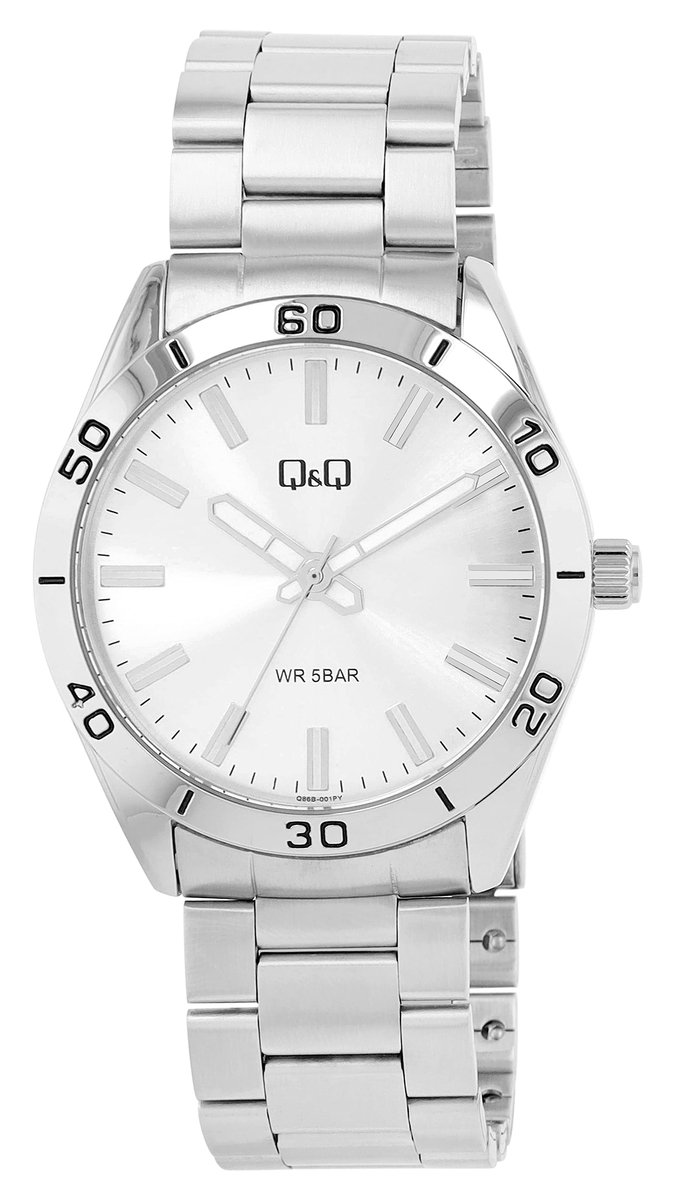 Q&Q- Herenhorloge- roestvrij staal -zilverkleurig- 5 ATM waterdicht-diameter 43 mm