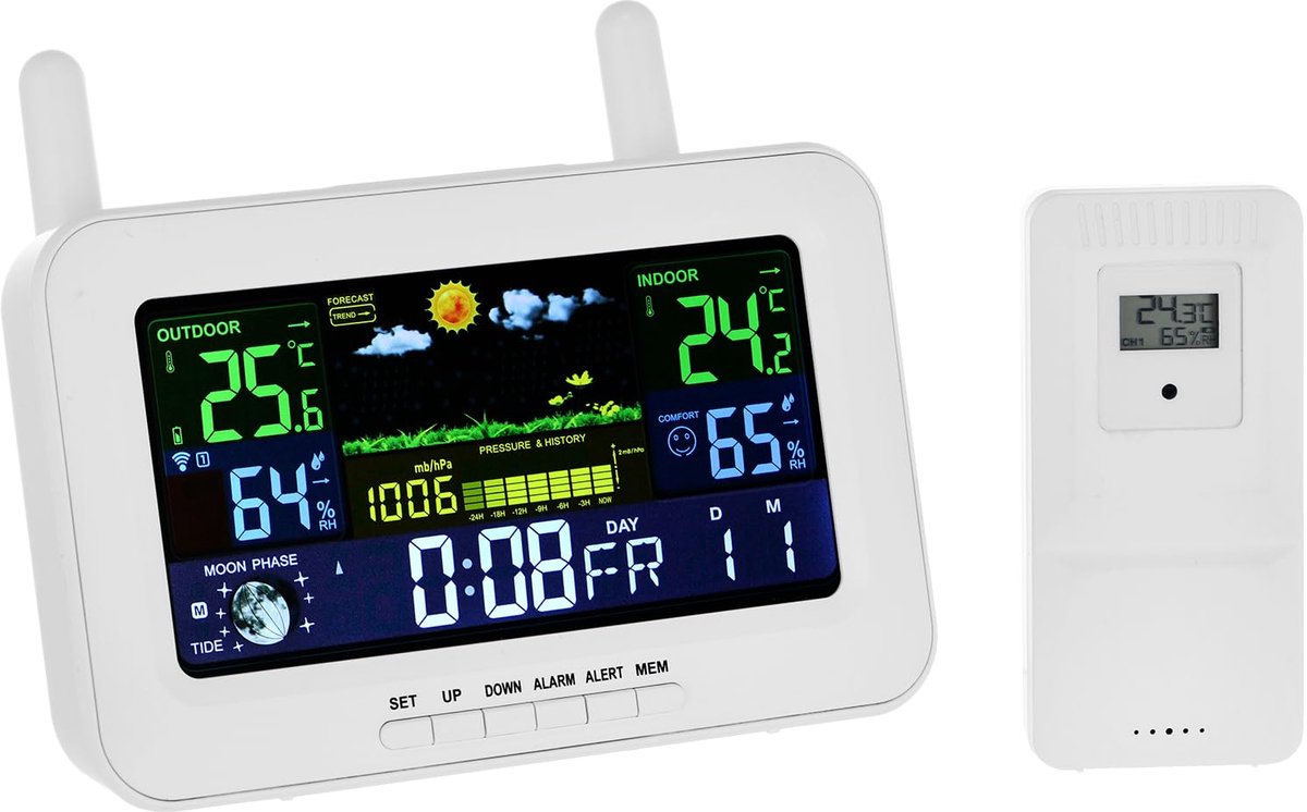 SnelShoppen - Draadloos Weerstation met Buitensensor, Hygrometer Thermometer met Kleurenscherm, Weersvoorspelling, Datum, Temperatuur en Vochtigheid v