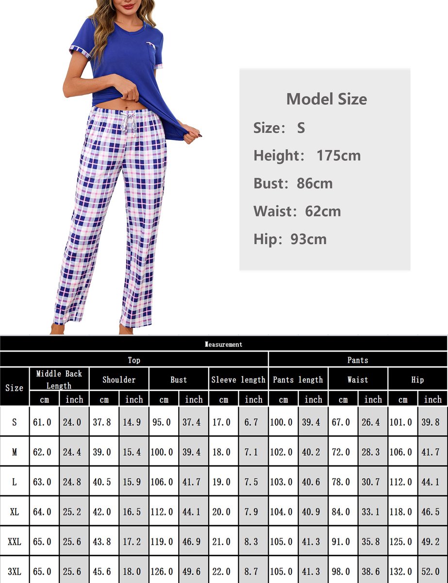 SnelShoppen - Damespyjamaset Katoenen Loungewear Korte Mouwen V-hals Top en Wijde Pijpen Geruite Broek met Zakken S-3XL Blauw M