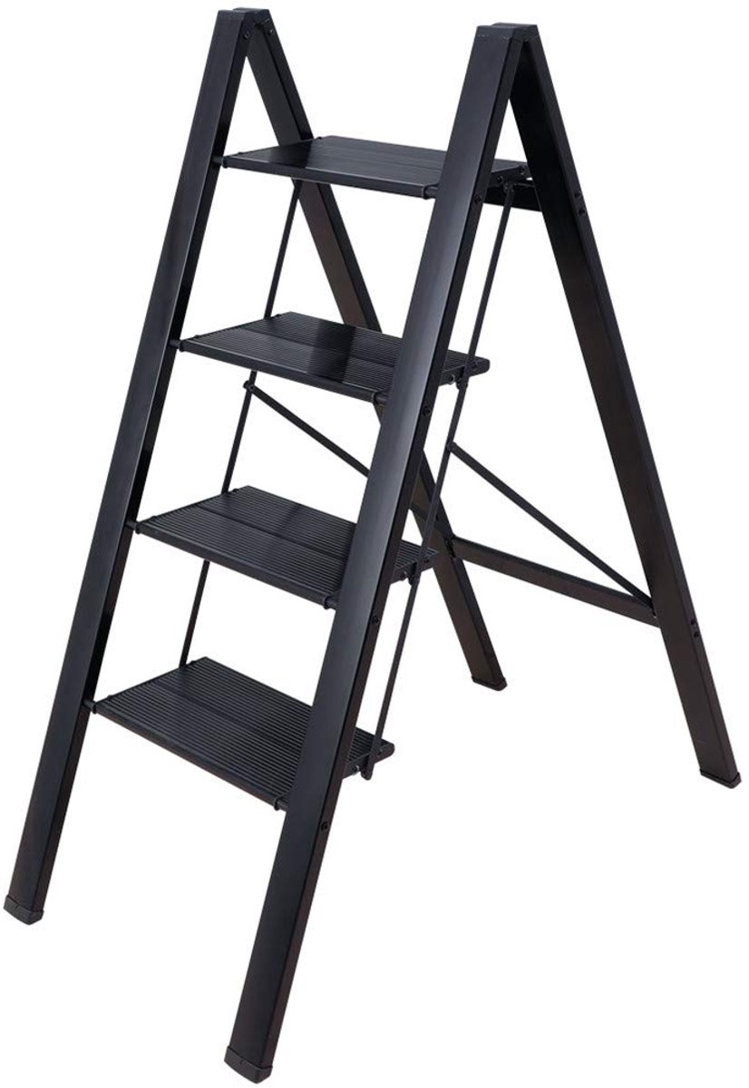 SnelShoppen - Trapladder 4 Treden Klapbaar Lichtgewicht Aluminium Ladder met 17,5 cm Brede Anti-slip Treden, 135 KG Draagvermogen voor Huishouden, Kan