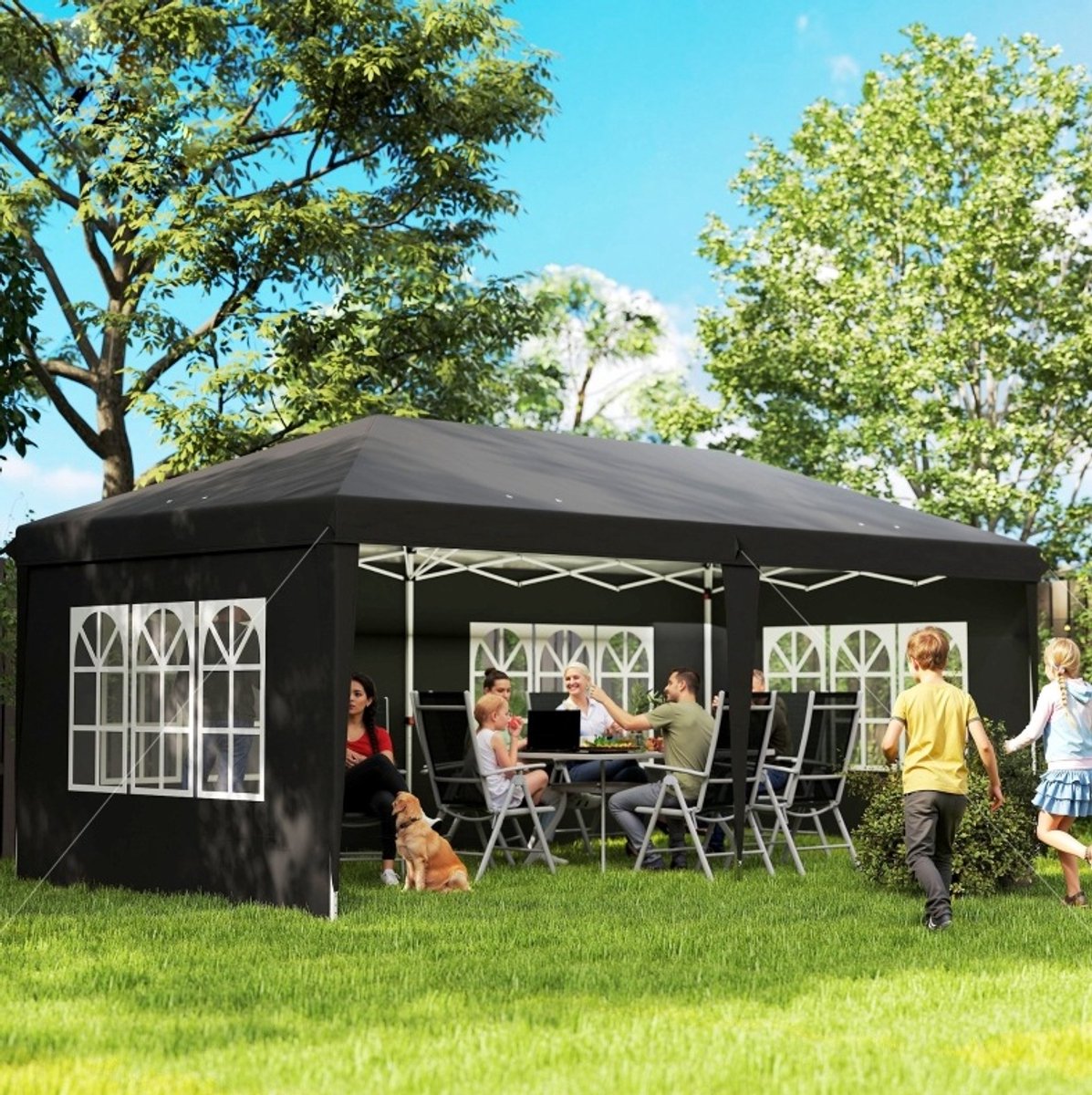 HAUSS SPOLE Partytent – 585 x 295 cm – Opvouwbaar Met 4 Afneembare Zijwanden – Polyester Met PVC-Coating – Zwart – Tuinfeesten
