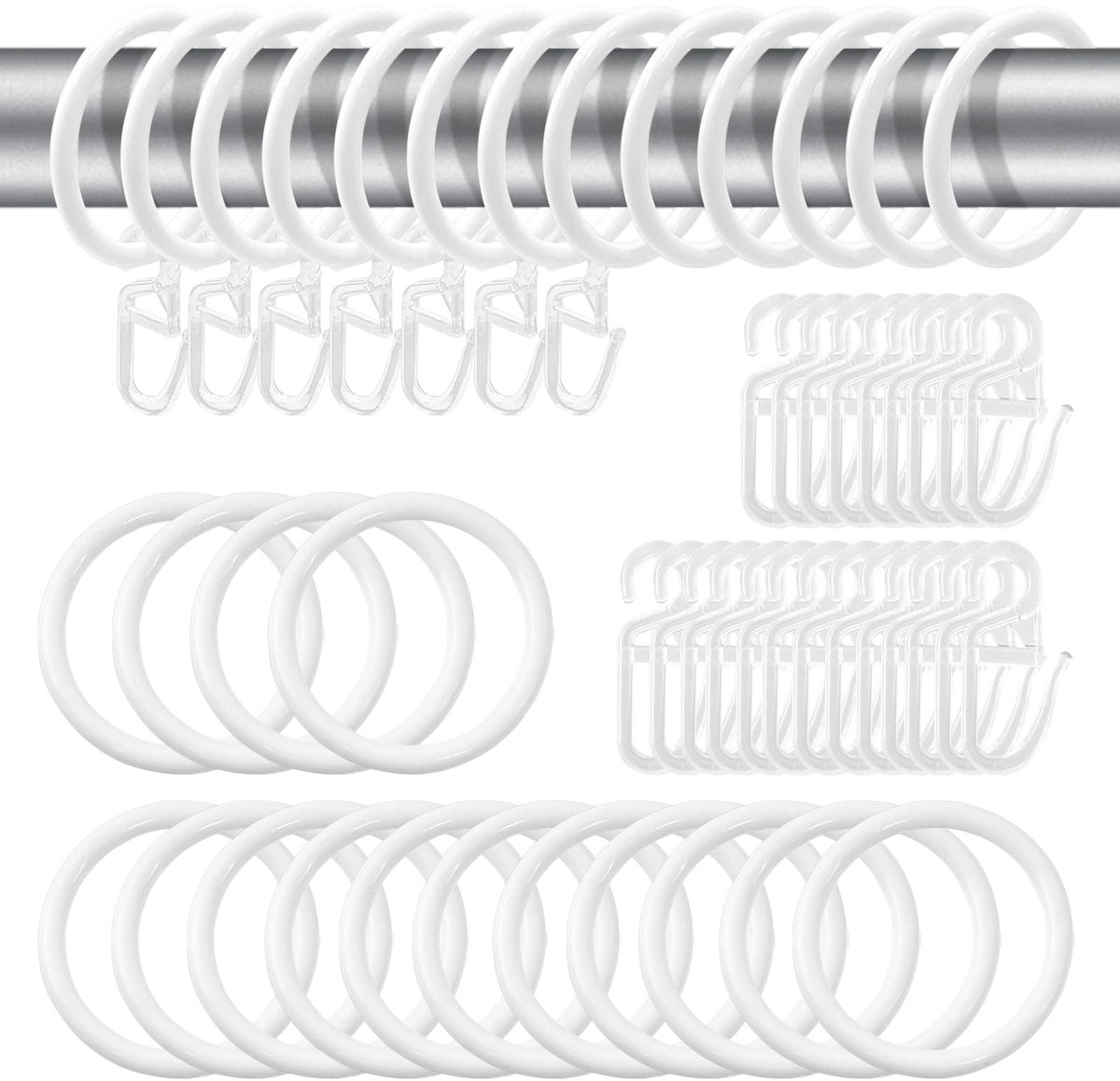 Dailygoods - 50 Stuks Metaal Gordijnringen en 50 Stuks Plastic Gordijnhaakjes - 30mm Binnen Diameter
