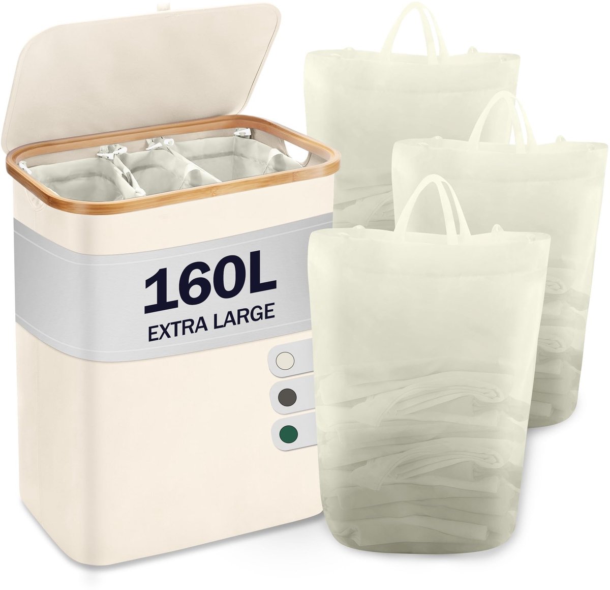 Dailygoods - Wasmand met Deksel en 3 Compartimenten - 160L Houten Bamboo Sorter