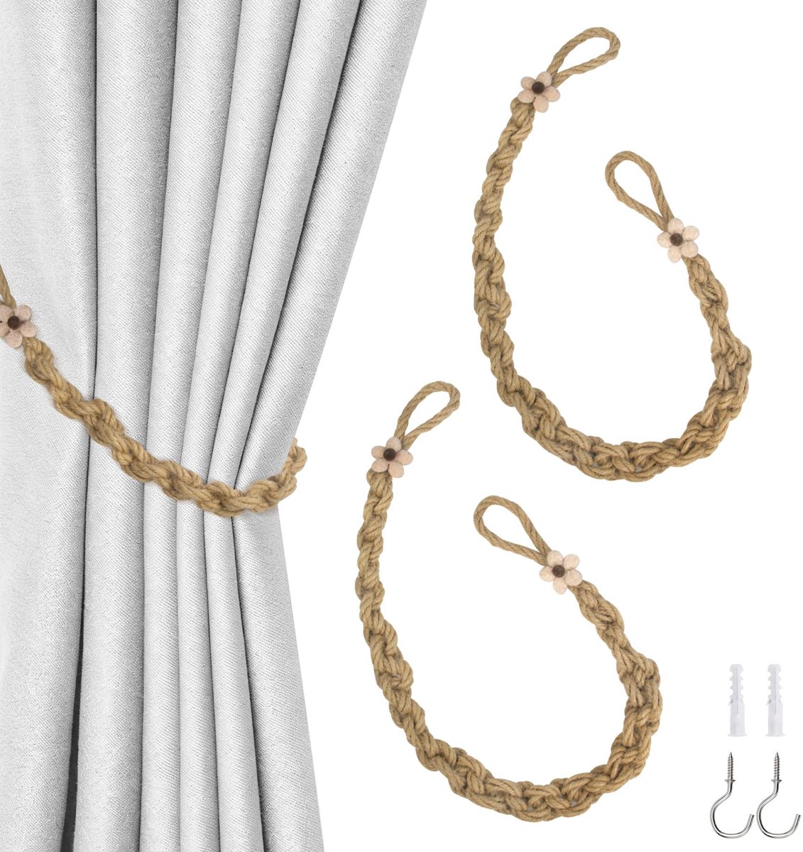 Dailygoods - 2 Stuks Natuurlijke Jute Gordijnkoorden - Decoratieve Gordijnhouders met Metalen Haken