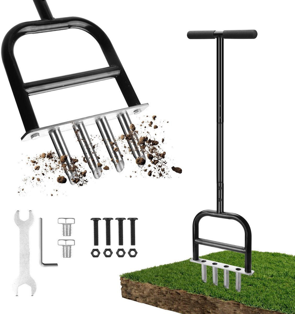 Dailygoods- Gazonbeluchter Handmatig - Roestvrij Staal - 4 Tanden - Tuin/Sportveld - Verbetering Gazon - Veiligheidswaarschuwing - Tuingereedschap