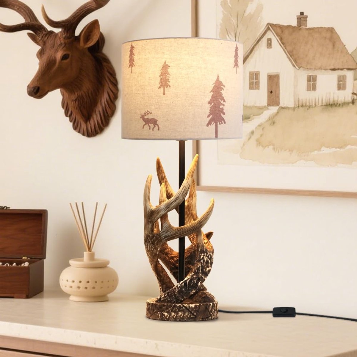 Dailygoods - Resin Tafel Lamp met Hert en Bos Patroon voor Woonkamer en Slaapkamer