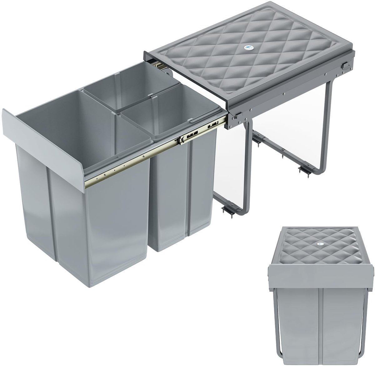 Dailygoods- Inbouwafvalemmer 3 Vakken - 2 x 10 Liter + 20 Liter - Onderkast met Telescopische Rails - Uittrekbaar Afvalscheidingssysteem - 48 x 34,2 x 41,8 cm - Efficiënte Sortering - Prullenbak