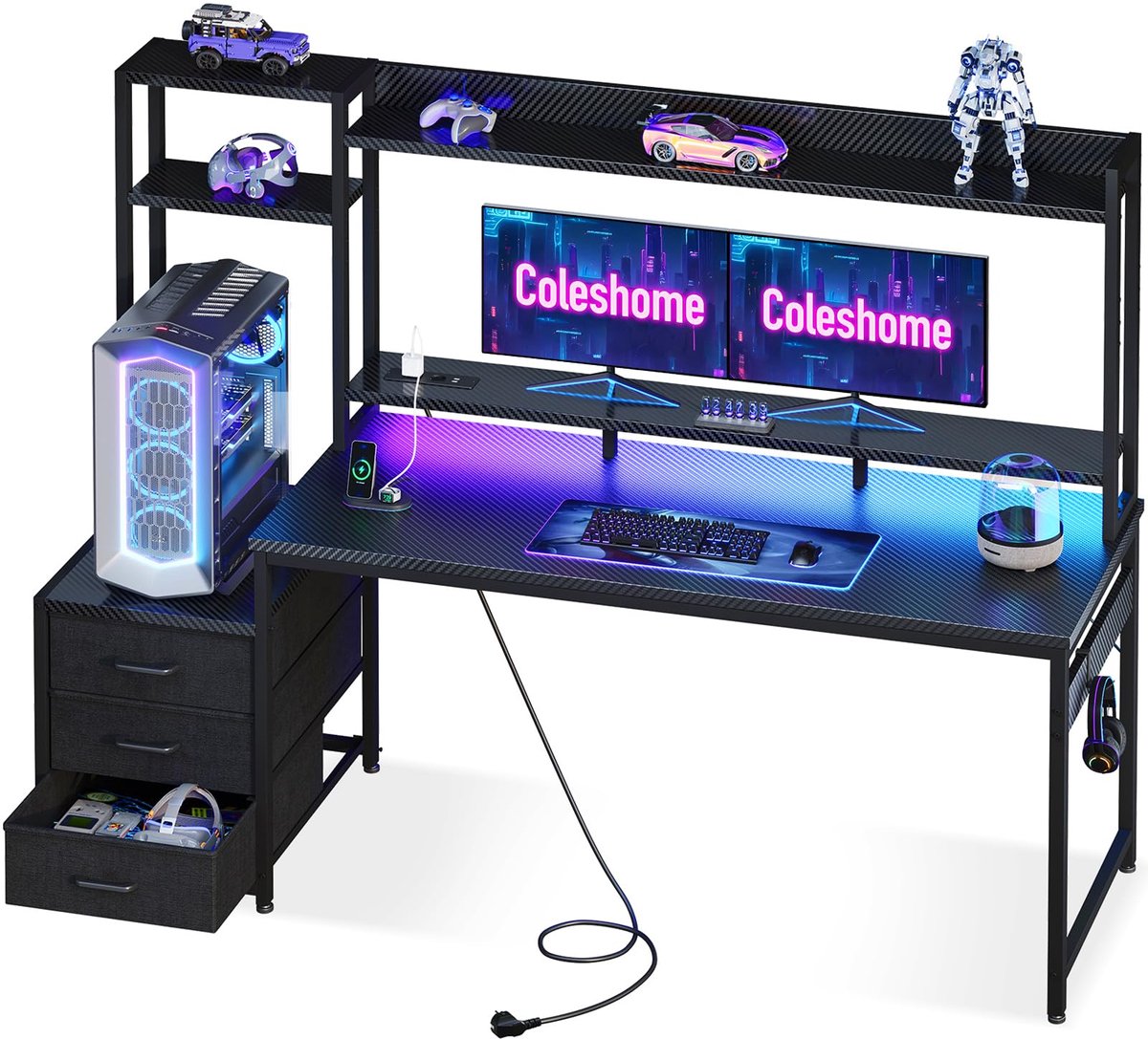 SnelShoppen - Coleshome Gamingbureau met Plank en Lades, 161x48 cm LED-verlichting, Ingebouwd Stopcontact, Computertafel met Opbergplanken & Monitorst