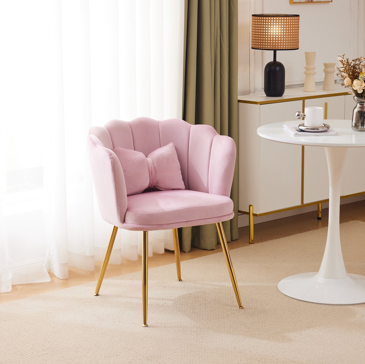 COVREO Fauteuil 63 x 58 x 77 cm - roze velvet, gouden metalen poten, met kussen