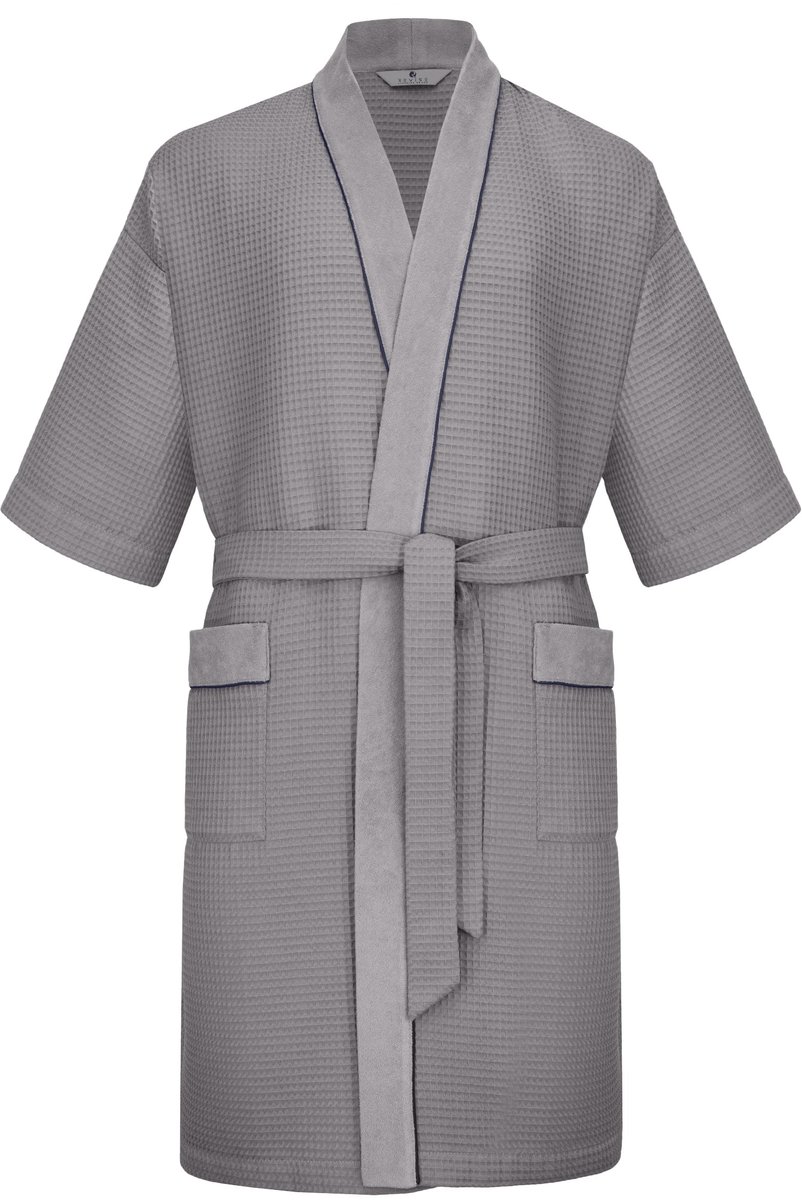 SnelShoppen - Heren Badjas Kimono 100% Katoen Wafel Pique Grijs 4XL - Luxe Badmode voor Thuis, Wellness, en Ontspanning
