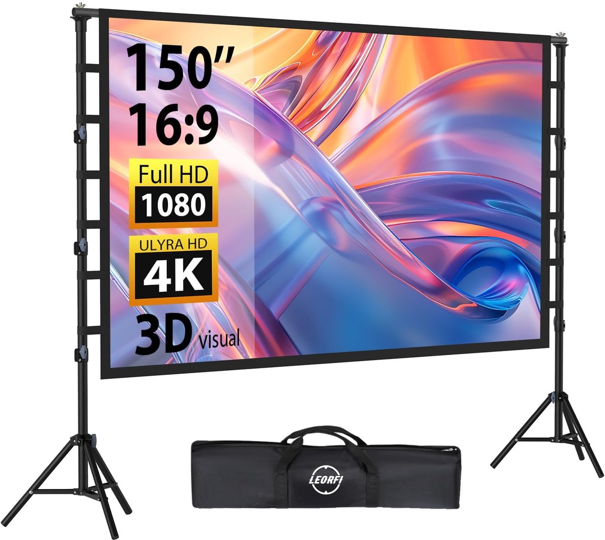 SnelShoppen - 150 inch Beamerscherm met Statief - Draagbaar HD Projectiescherm voor Binnen en Buiten - In Hoogte Verstelbaar voor Camping en Thuisbios