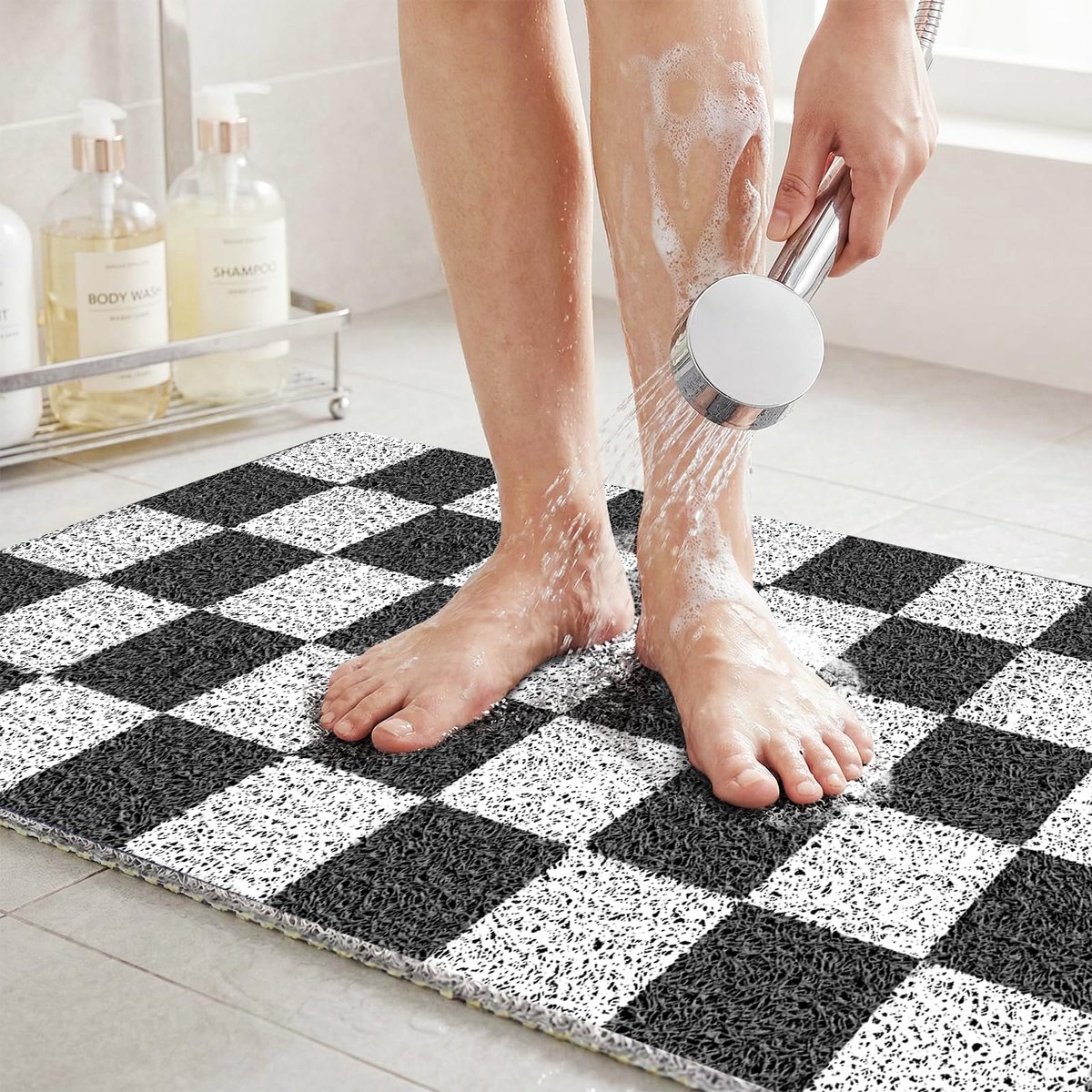 SnelShoppen - Douchemat Antislip Geruit Sneldrogend Schimmelbestendig PVC Badmat Zwart-Wit