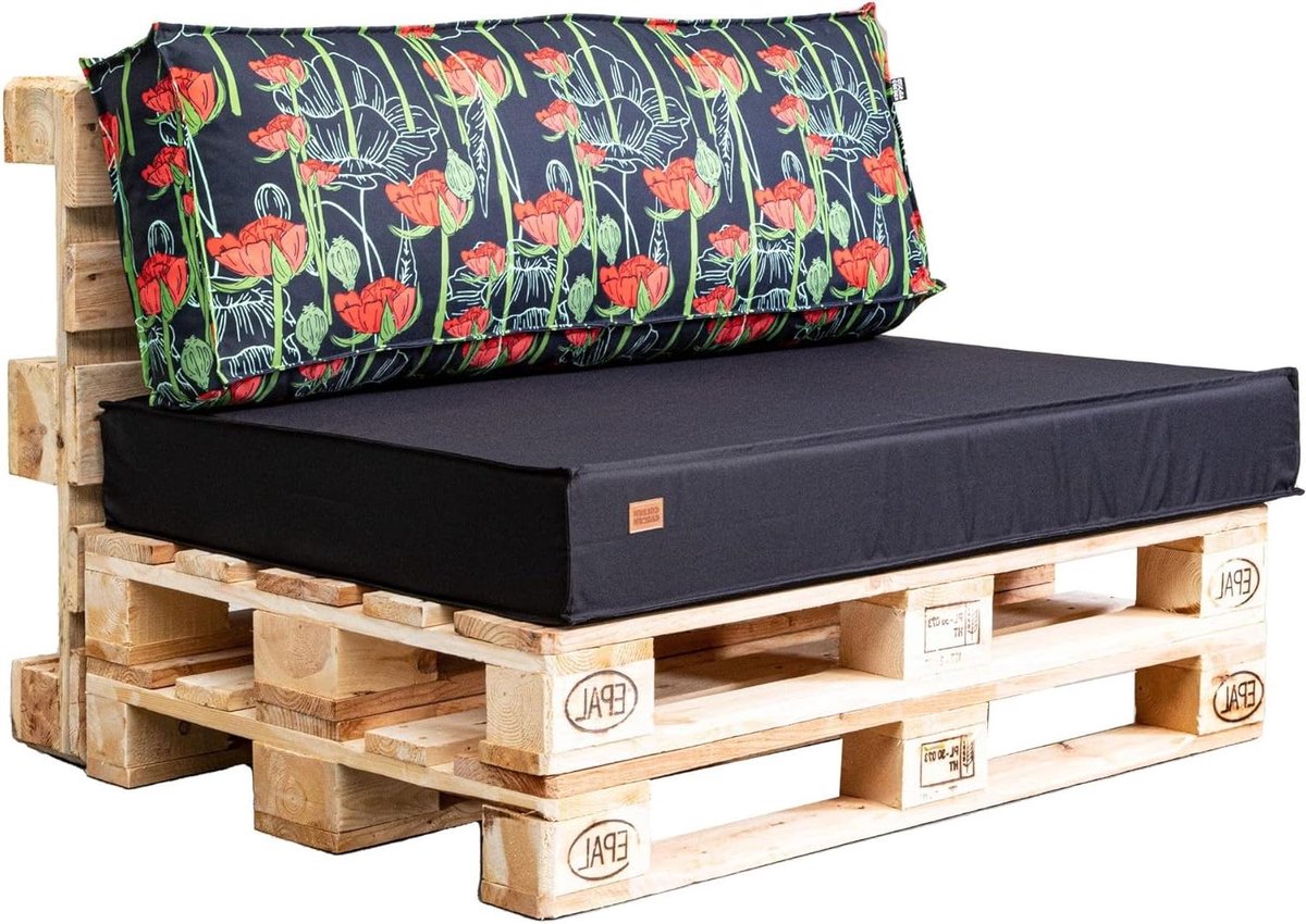 Tuinkussen Set - Palletkussen Set - Buiten Zitten - Waterafstotend - 120x80x15 cm - Grafiet & Palmen