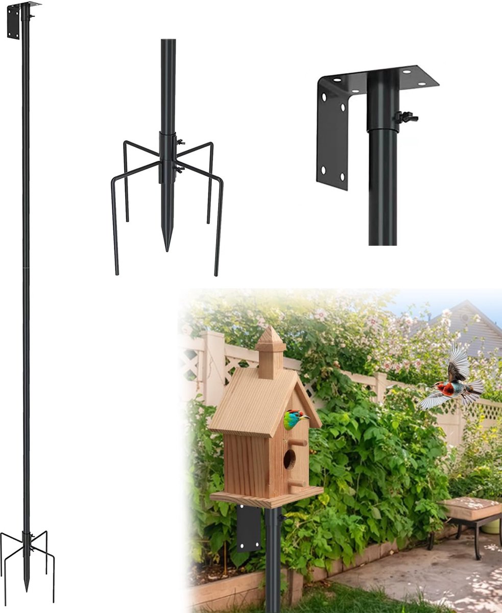 SnelShoppen - Vogelhuisstandaard 80 inch, verstelbare vogelvoederstang met 5 tanden, universele standaardset voor buiten in tuin, vogelhuis en voeders