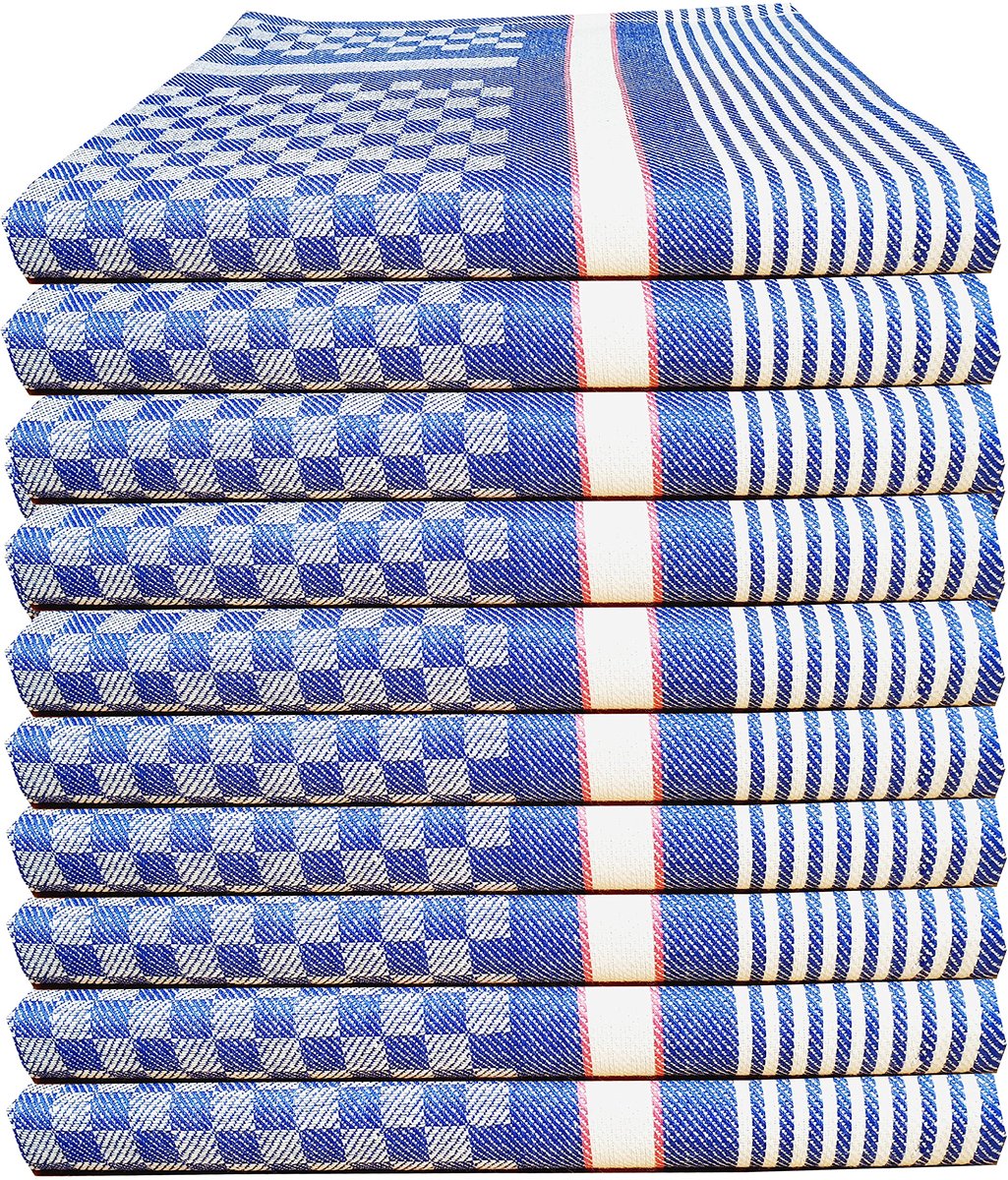 Dailygoods - 10-delige Keuken Theedoeken van 100% Katoen, Geruit Blauw-Wit, 50x100 cm