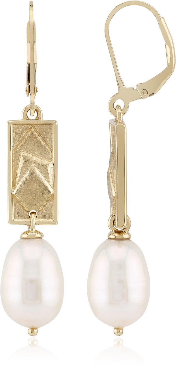 Cavill - Elegante Zilveren Oorbellen - 925 Sterling Zilver Goudverguld - Witte Zoetwaterparels 12x9 mm - Haaksluiting