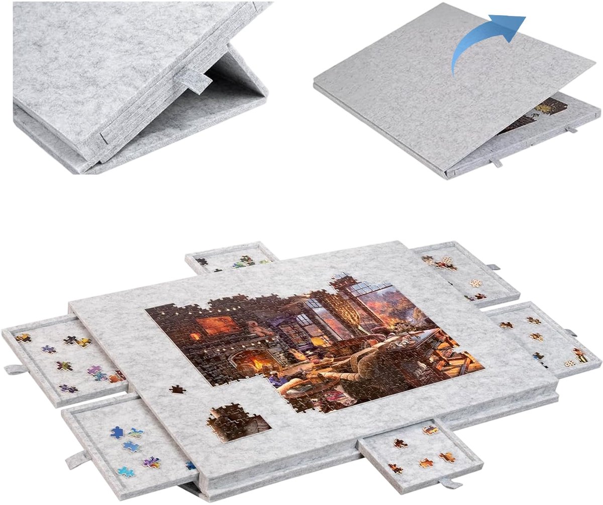 SnelShoppen - Puzzeltafel 1000 stukjes, Kantelbare Puzzelplank met 2-in-1 Standaard en Afdekking, Lichtgewicht Vilten Puzzelbord met 6 Laden, Draagbar