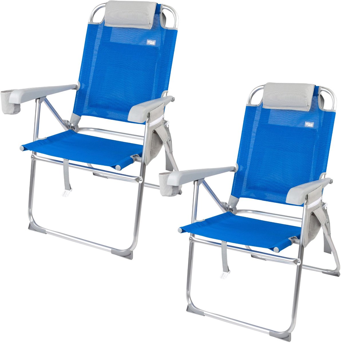 SnelShoppen - Pack van 2 Inklapbare Strandstoelen, 8 Posities, Blauw, Draagvermogen 110 kg, Inclusief Kussens en Onderzetters, Ideaal voor Camping en