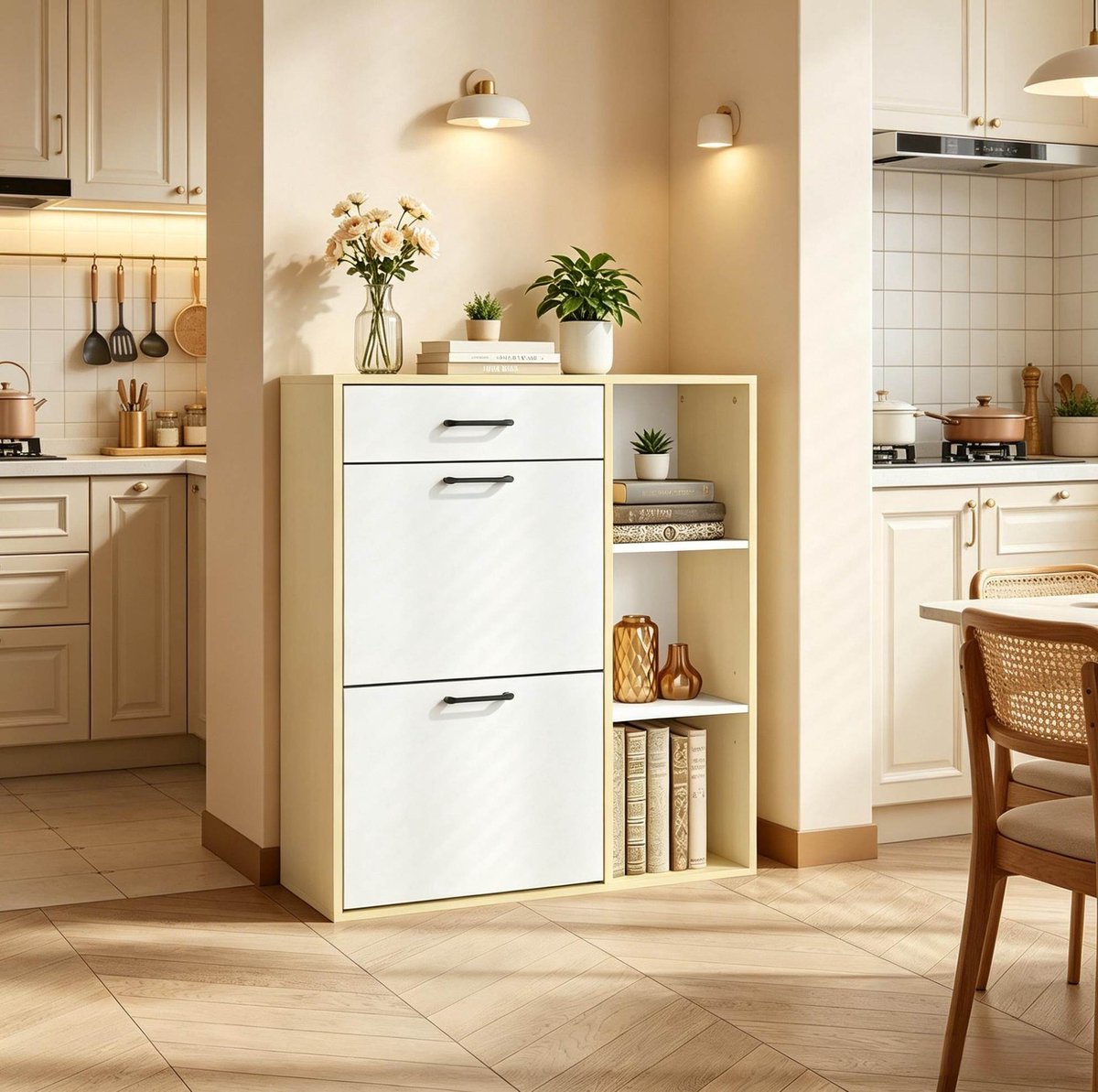 STILVORA Schoenenkast - 3 In 1 Met Lade En 2 Kantelvakken - Smal Staand Rek Voor Hal En Entree - Hout - Wit - 80 X 90 X 30 Cm