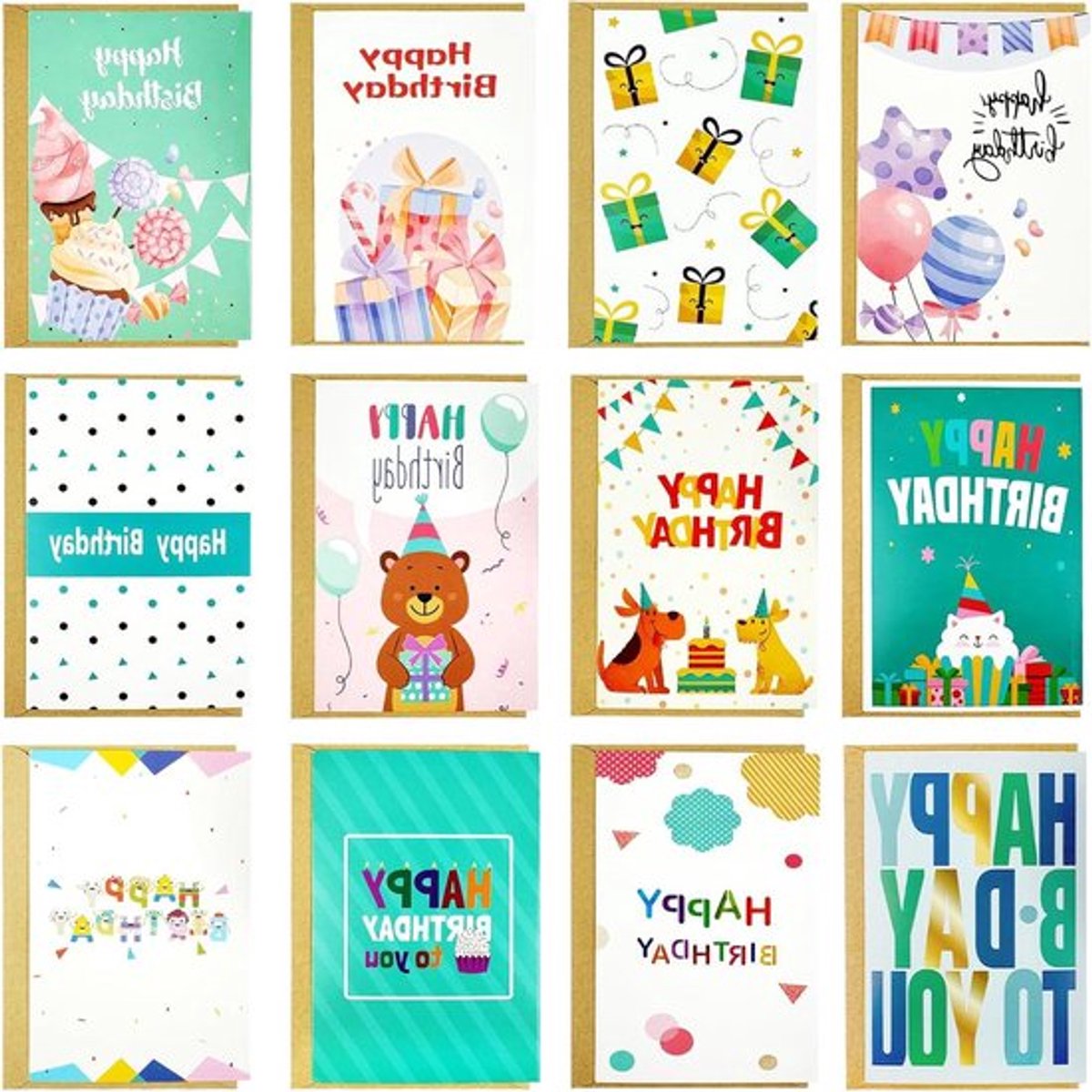 Verjaardagskaartenset met kraftpapier enveloppen - Hoogwaardige wenskaarten - Natuurlijke envelop - Mannen en vrouwen - Feestelijke kaarten.