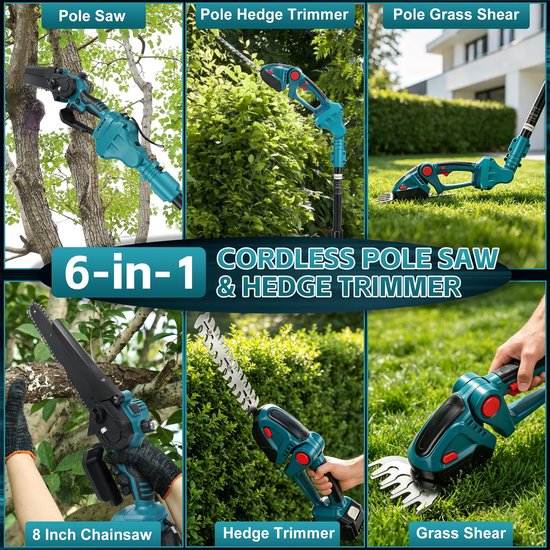 SnelShoppen - 6-in-1 Telescopische Snoeischaar & Accu Heggenschaar Set met 2x 4Ah Batterijen, 8 Inch Elektrische Kettingzaag, 22cm Heggenschaar, 13cm van Snelshoppen — afbeelding 5