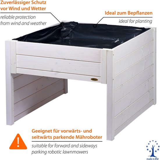 SnelShoppen - Grote garage voor robotmaaier van hout met plantenbak incl. folie - grasmaaier garage 79 x 73 x 56 cm - wit voor tuin en buitengebruik — afbeelding 2