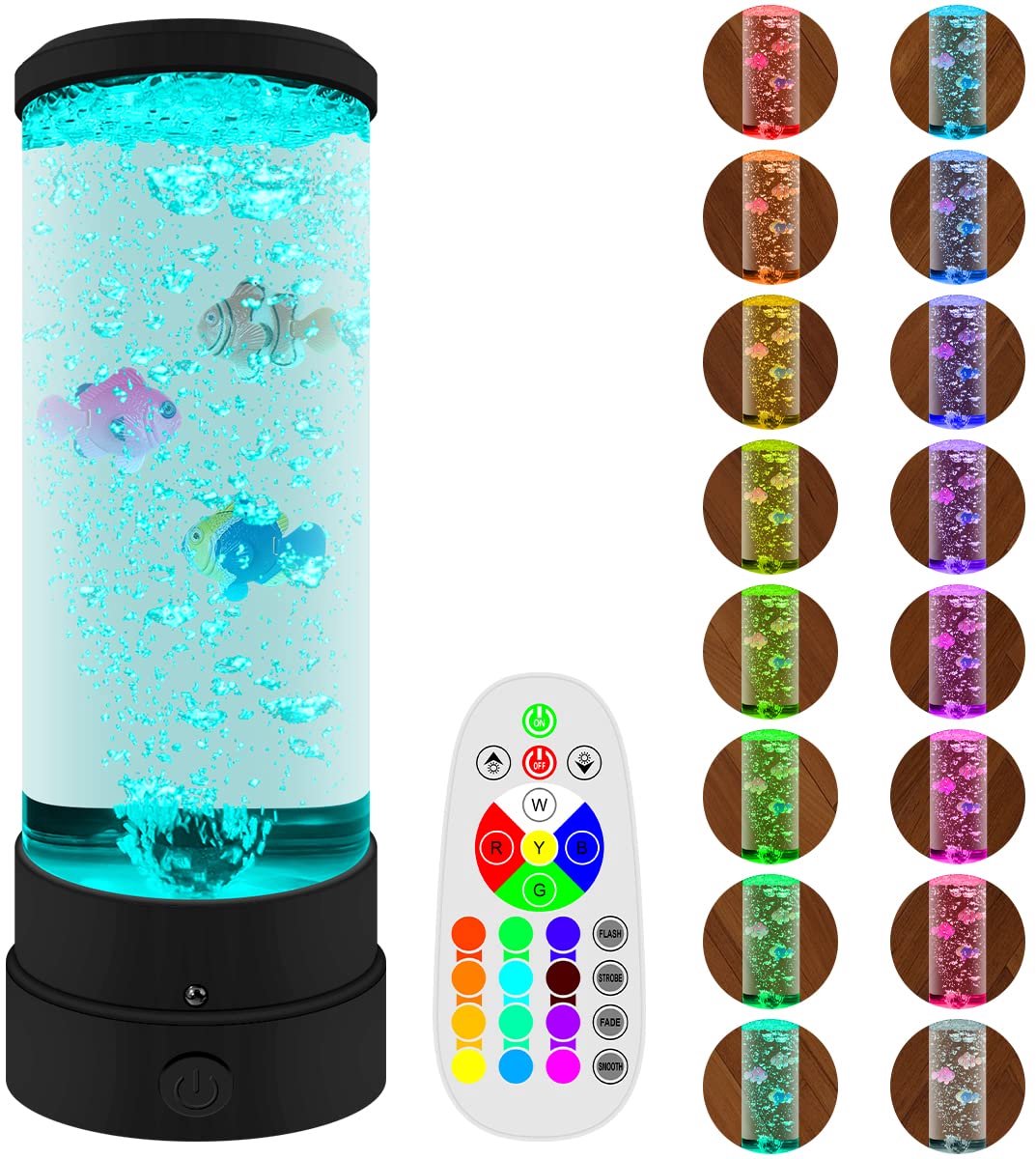 SnelShoppen - Valse vis lavalamp met LED, aquarium bubbels, sfeerlamp met afstandsbediening, 16 kleuren, bubbellamp voor kinderen en volwassenen, 29 x