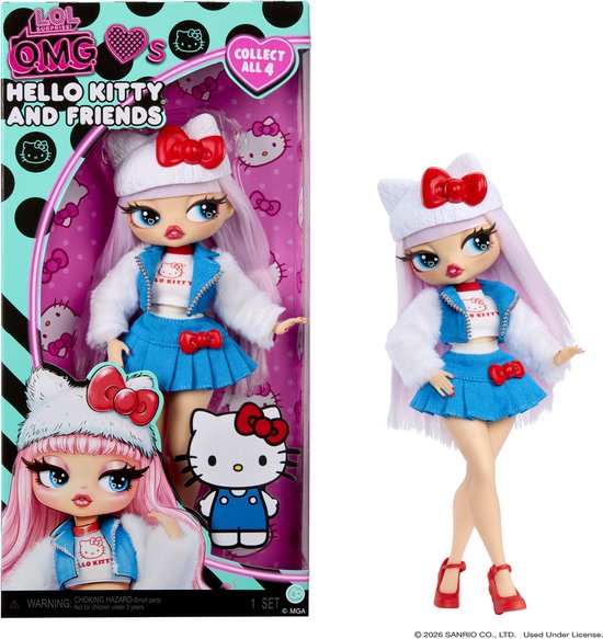 Verpakking en pop. Pop met roze haar, Hello Kitty muts, blauwe outfit en rode strikken. Verpakking met 'Hello Kitty and Friends' logo.