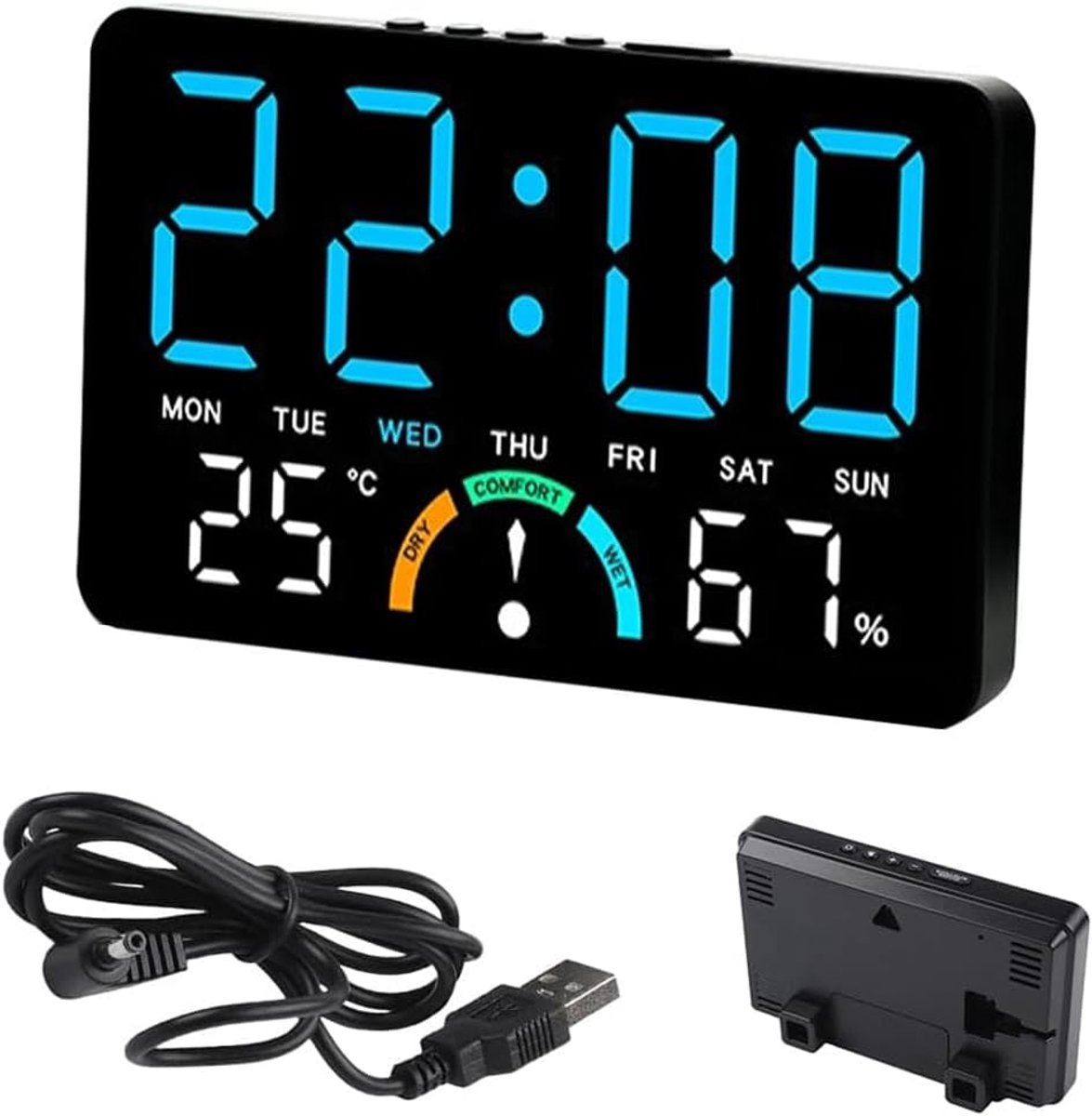 Bobypet - Wekker - Digitale LED-wandklok met alarm, temperatuurweergave, datum, week, helderheidsregeling, gebruiksgemak, 16 x 10 x 3,4 cm, werkt op batterijen, digitale LED-klok voor thuis, slaapkamer (Zwarte behuizing, blauw licht)