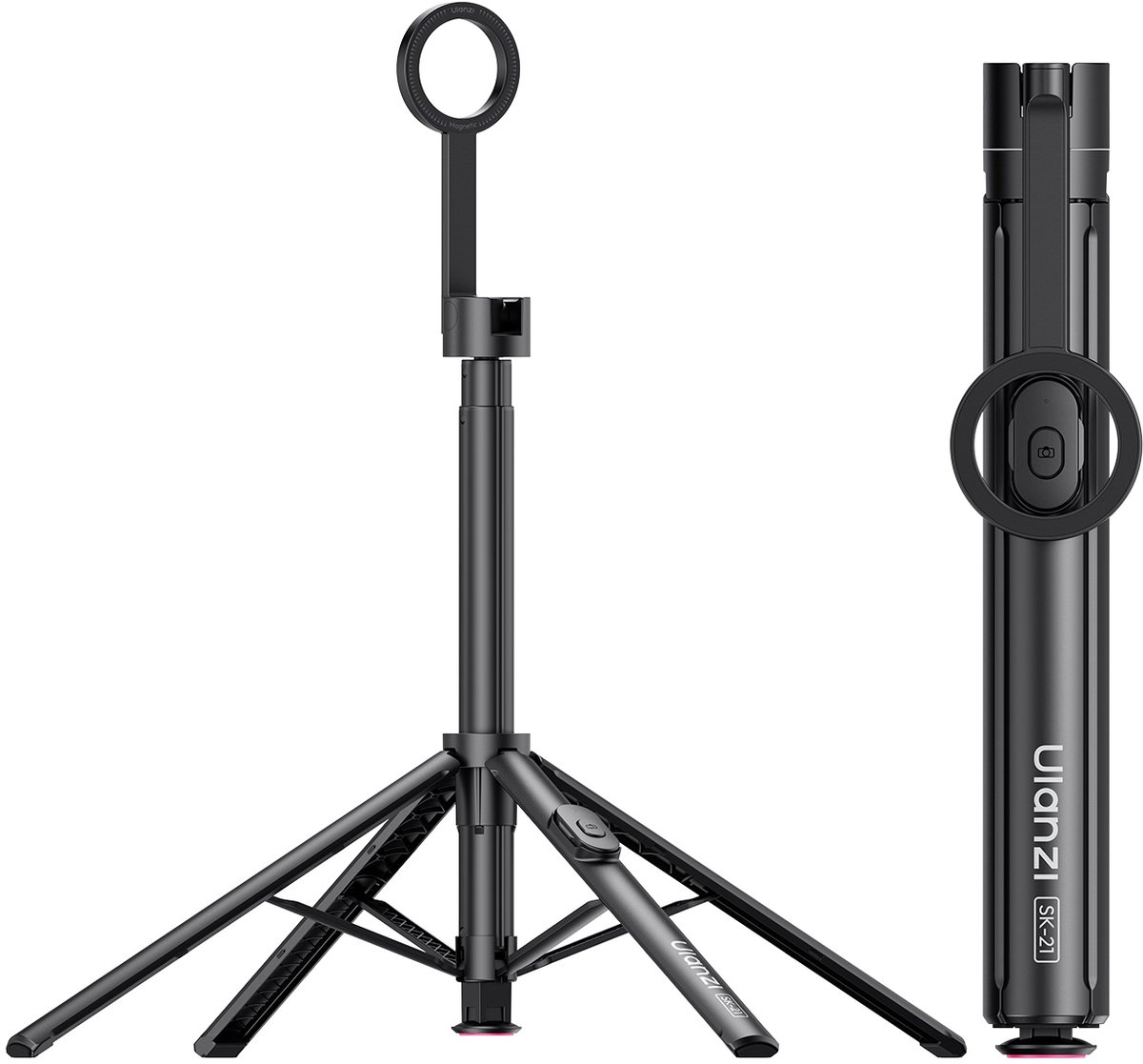Ulanzi SK-21 Selfie Stick Statief - Uitschuifbaar van 30 tot 180 cm - Quadripod met auto-Open functie - Magnetisch MagSafe statief - Ingebouwde bluetooth remote - Zwart
