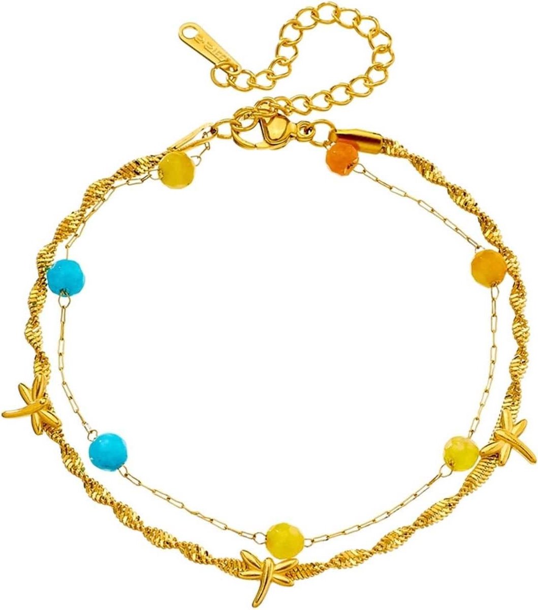Enkelbandje Roestvrij Staal - Voetketting Dames - Strandfeest Accessoire - Dubbele Ketting Met Bedel - One Size - Goud