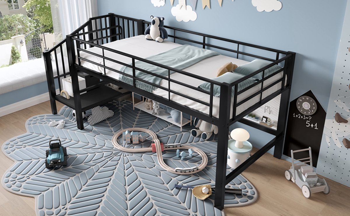 Halfhoge Hoogslaper 90x200 cm - Metalen Kinderbed Met Opbergladder - Zwart