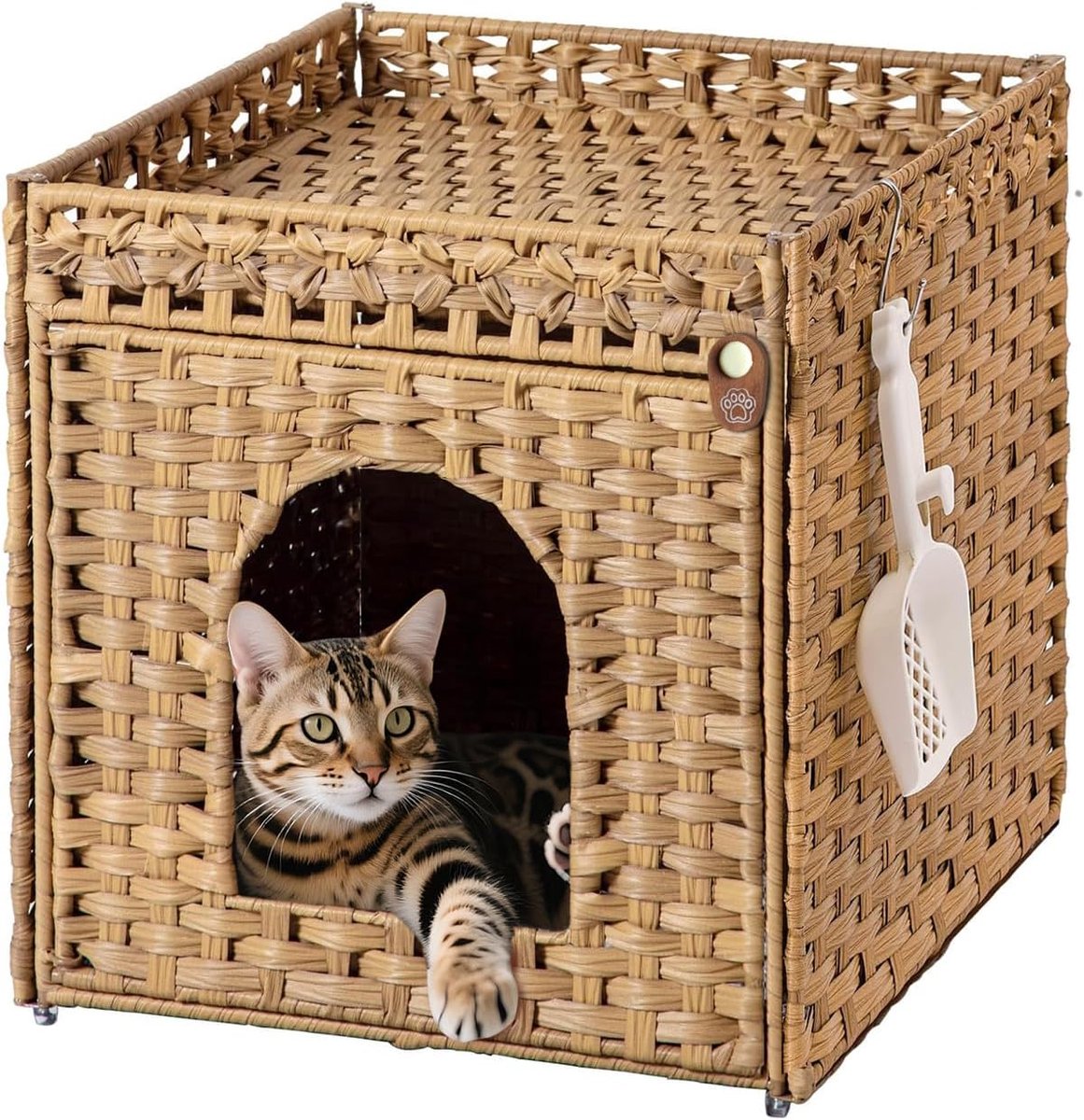 SnelShoppen - Klippehop Kattenhuis, Handgevlochten Rotan Kattenkast voor Verborgen Kattenbak, Natuur, Inclusief Kattenbakmat, Basic Model voor Elke Ka