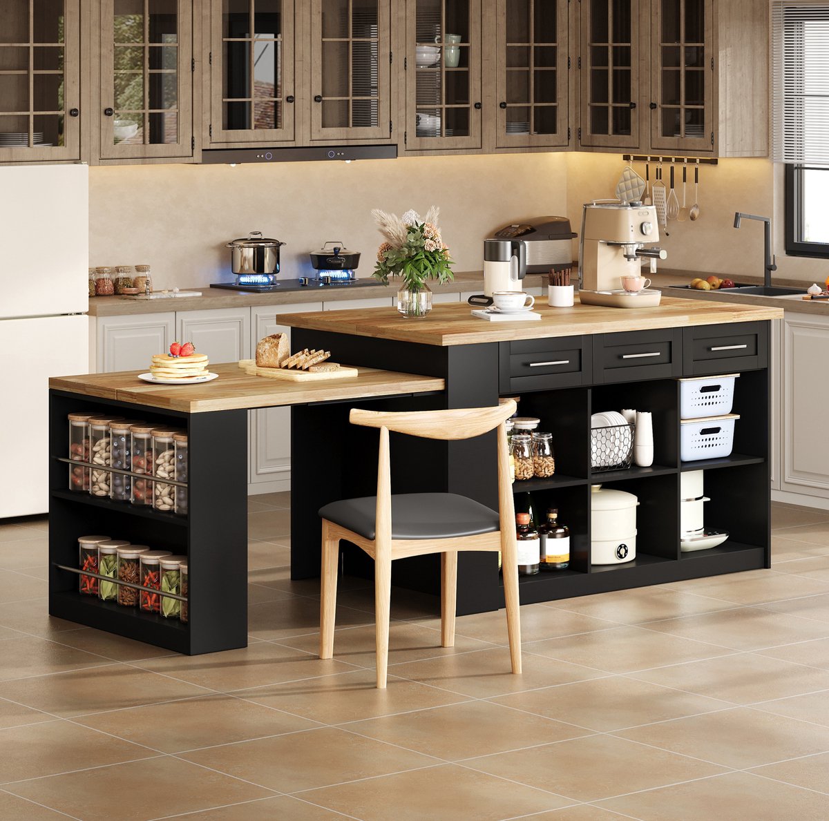 HAUSS SPOLE Keuken Eiland Met Uittrekbare Eettafel - Opbergruimte En Werkblad In Houtlook - Zwart En Naturel - 150 X 90 X 90 Cm