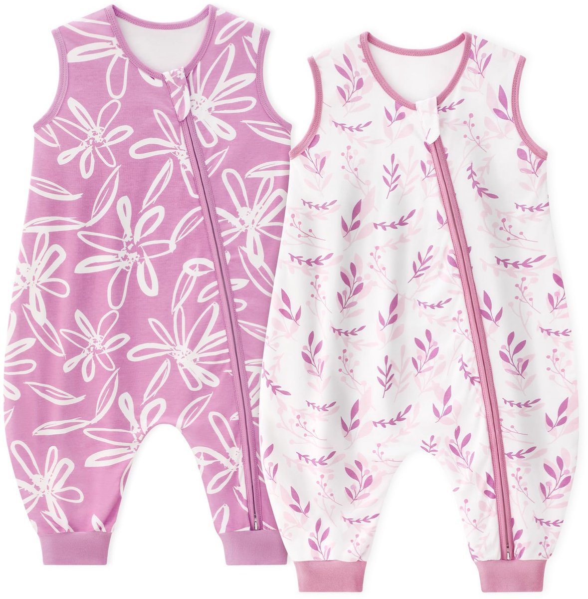SnelShoppen - Unnivoll Babyslaapzak met Voeten 1,0 TOG Zomer, 70 cm Katoenen Slaapzak met Pijpen voor Baby's, 2 Stuks, Paars Blad voor Jongens en Meis