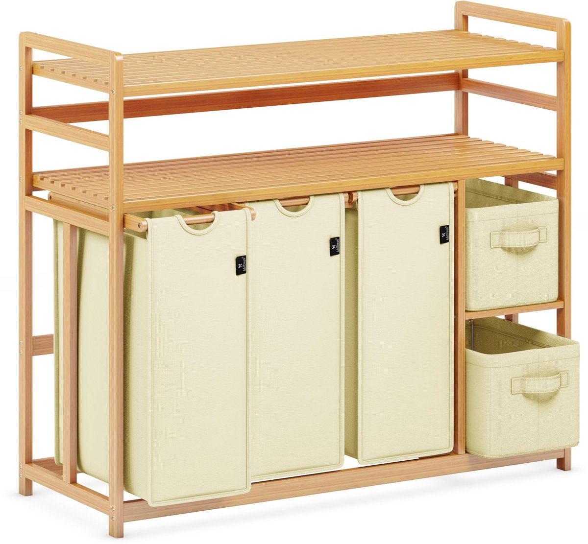 SnelShoppen - ADEL DREAM Wasmand met 5 vakken, 190L wasverzamelaar, 3 waszakken, 2 stoffen boxen, bamboe wasbox, beige wassorteerder voor thuisgebruik