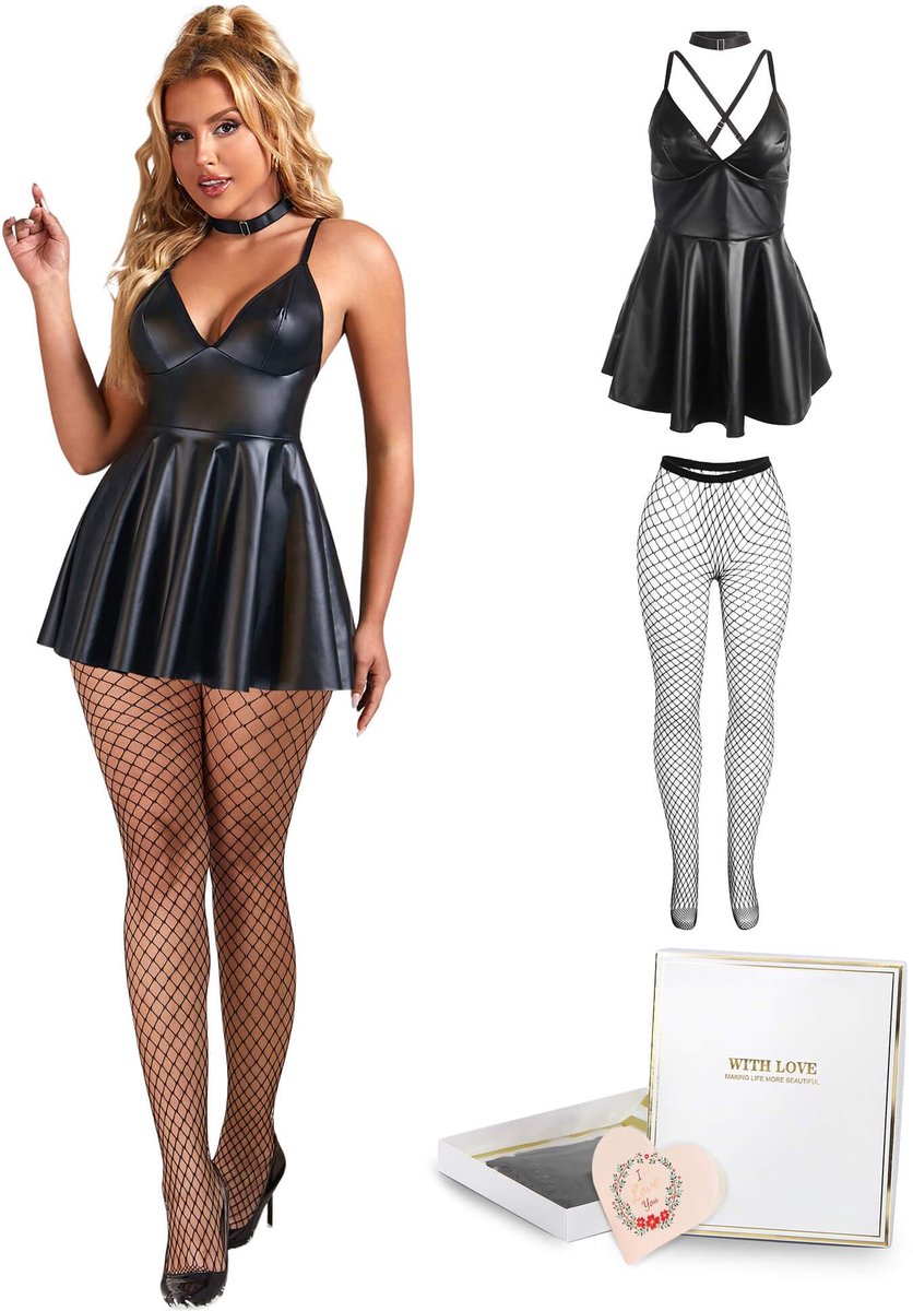SnelShoppen - Leren Jurk Dames Zwart Kort Grote Maten Wetlook Lingerie Sexy Ondergoed Curvy Elegant A-lijn Kunstleer Partyjurk V-hals Mini-jurk Clubwe