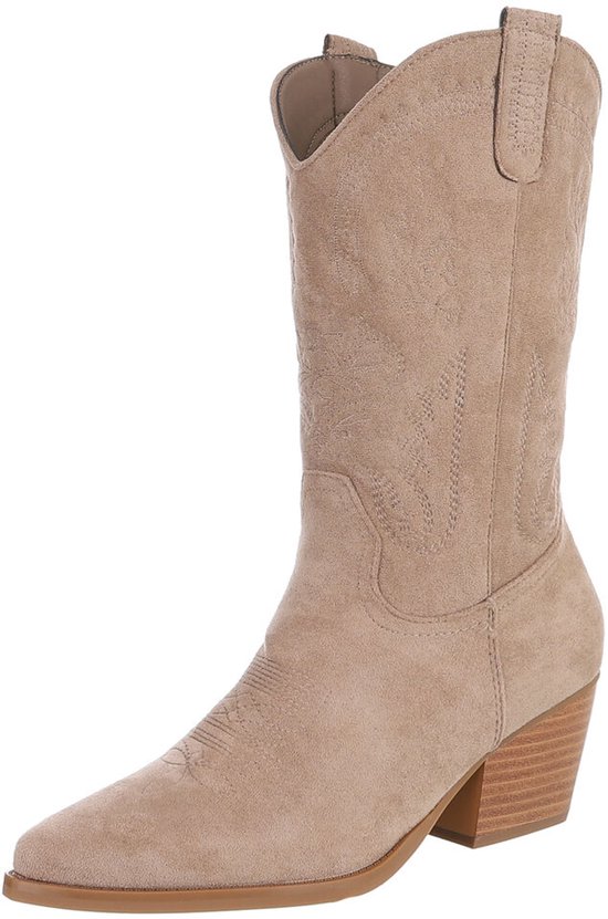 Botte de cowboy en daim beige avec détails brodés et talon bloc.