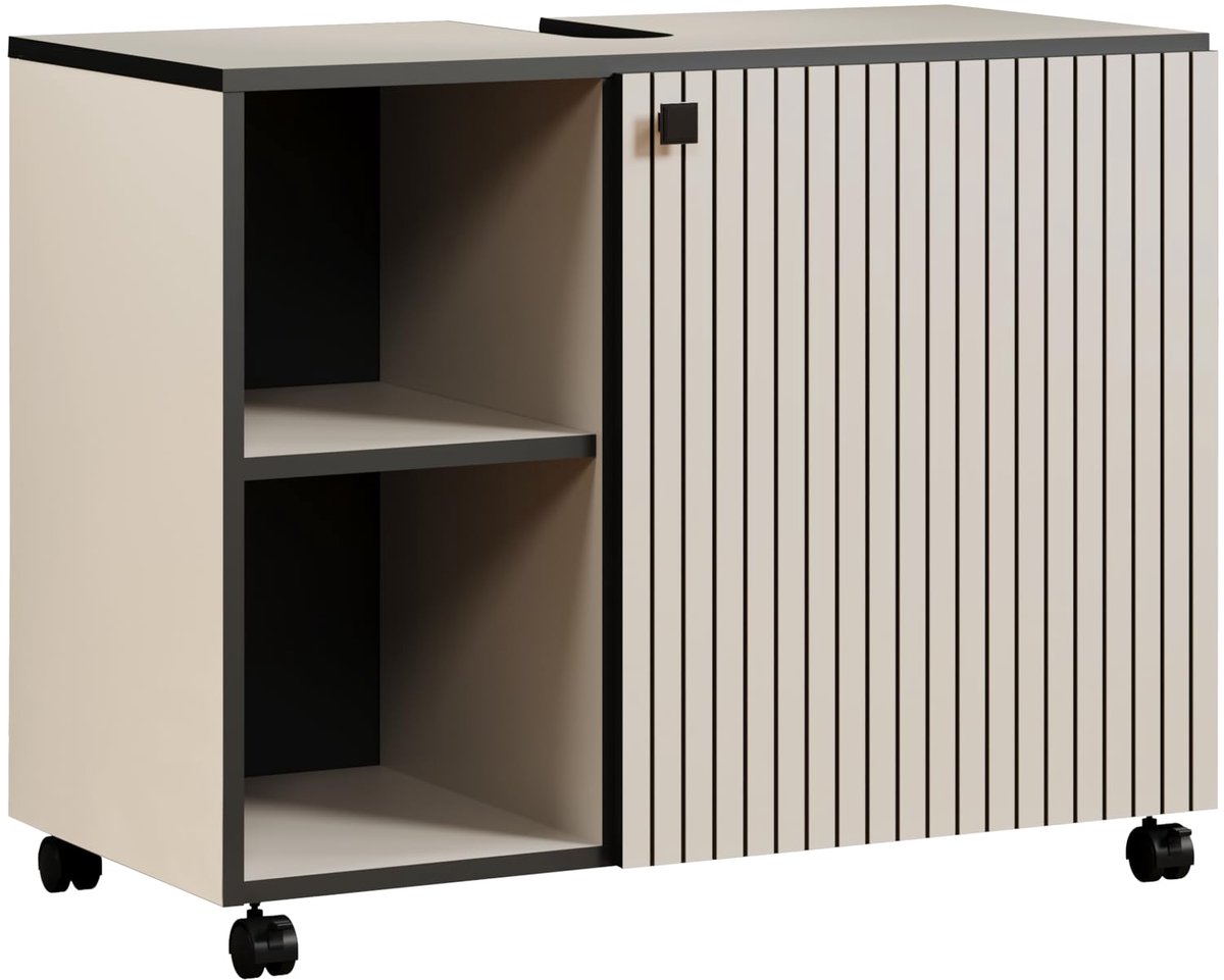 SnelShoppen - Wastafelonderkast op wielen - Badkast met ribbellook - 80 cm - Kasjmier (beige) - 2 open vakken - Metalen handgrepen - Ideaal voor badka