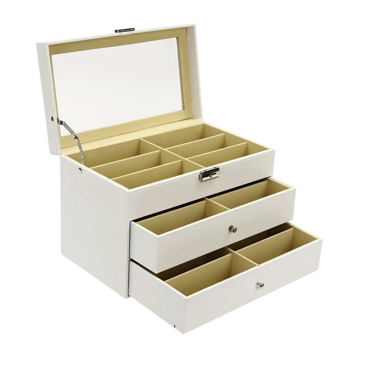 3-Laags Brillen Organizer met 18 Vakken – Rechthoekige Opbergbox en Display Case met Lade voor Brillen, Thuis en Expositie – Wit