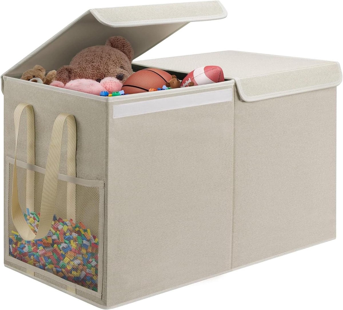 Speelgoedrek Kinderkamer - Speelgoedkist Opvouwbaar - Speelgoed Opbergen - Met Gaasvakken - 65 x 33 x 42 cm - Beige