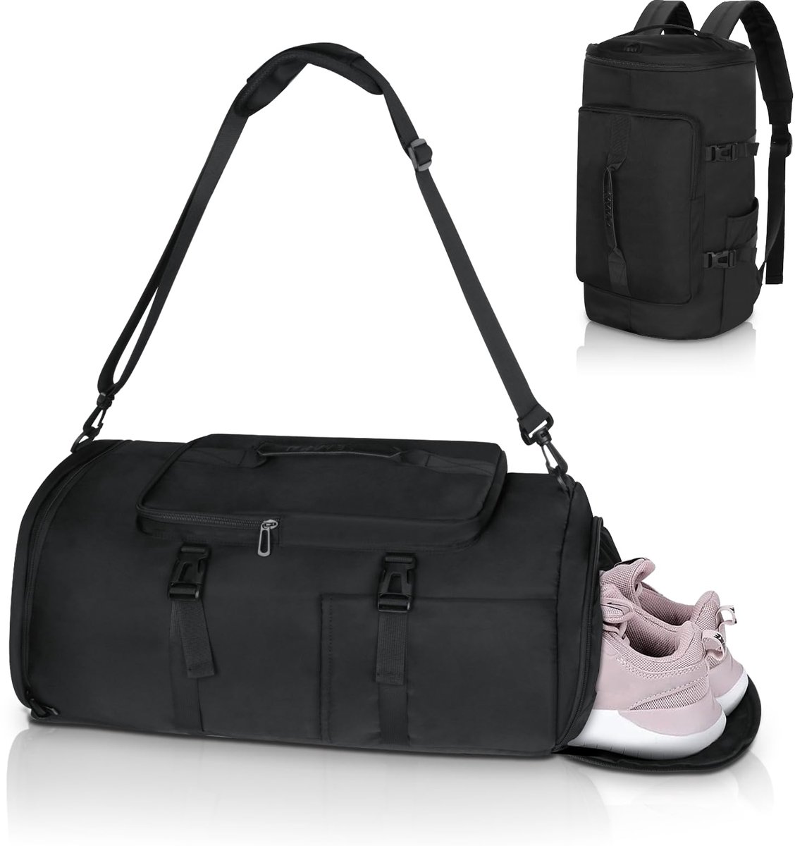 SnelShoppen - Sporttas Heren en Dames, Multifunctionele Rugzak met Schoenenvak en Natte Spullen Vak, Zwarte Kleine Sportrugzak 30L voor Gym, Zwemmen,