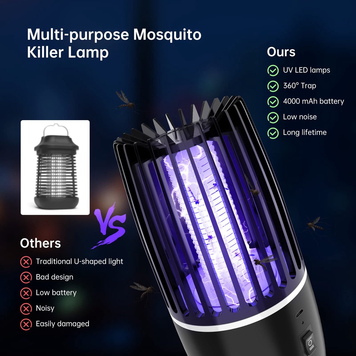 SnelShoppen - Muggenlamp 4200V Elektrische Insectenverdelger UV, IPX4 Waterdichte Muggenafweer voor Outdoor, Tuin, Camping, Vliegenvanger, Muggenval