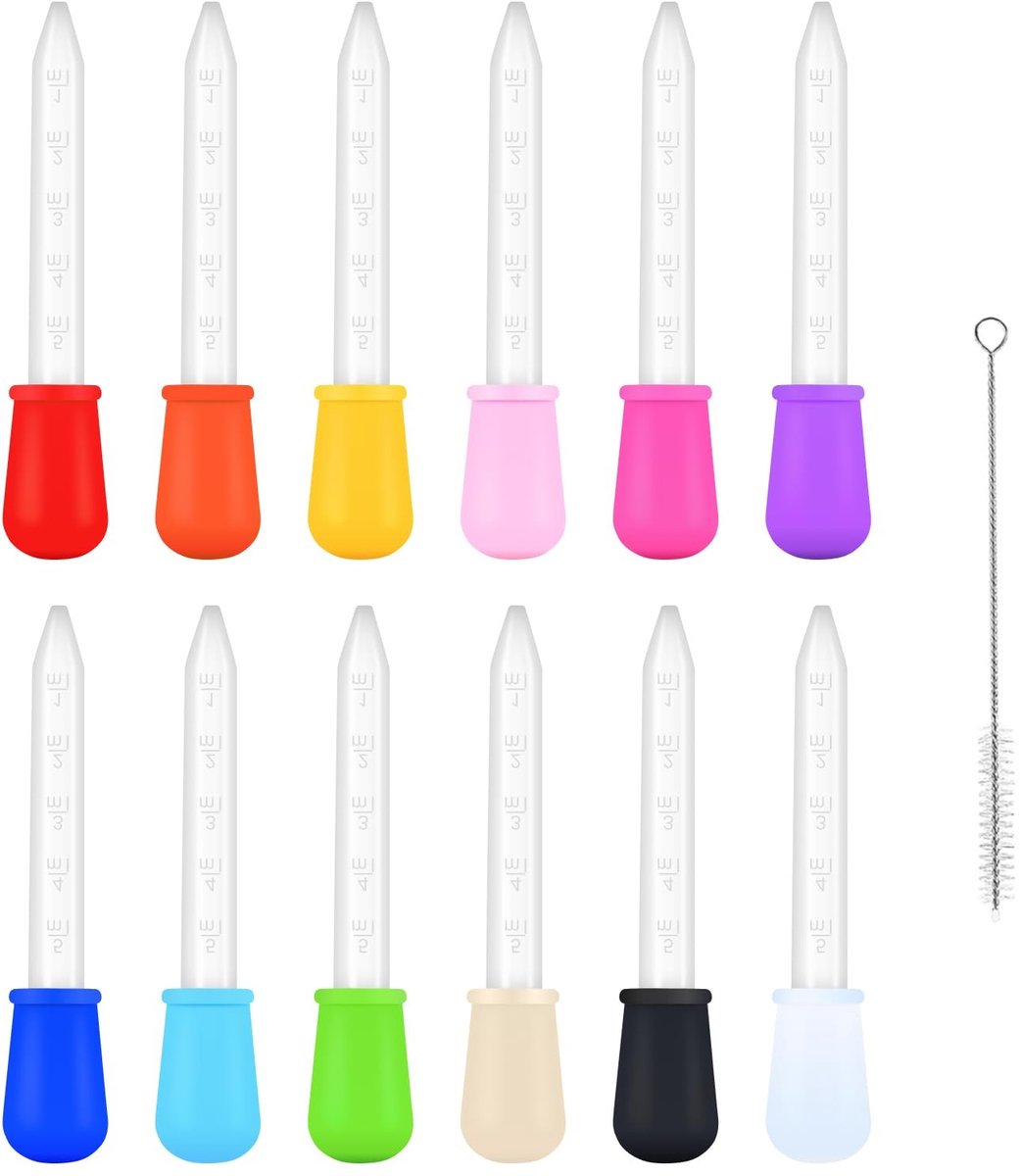 Dailygoods- Pipetten set van 12 - Kunststof 5 ml - Reinigingsborstel - Doseringsregeling - Voor laboratorium/keuken - Transparant met schaalverdeling - Druppelaar